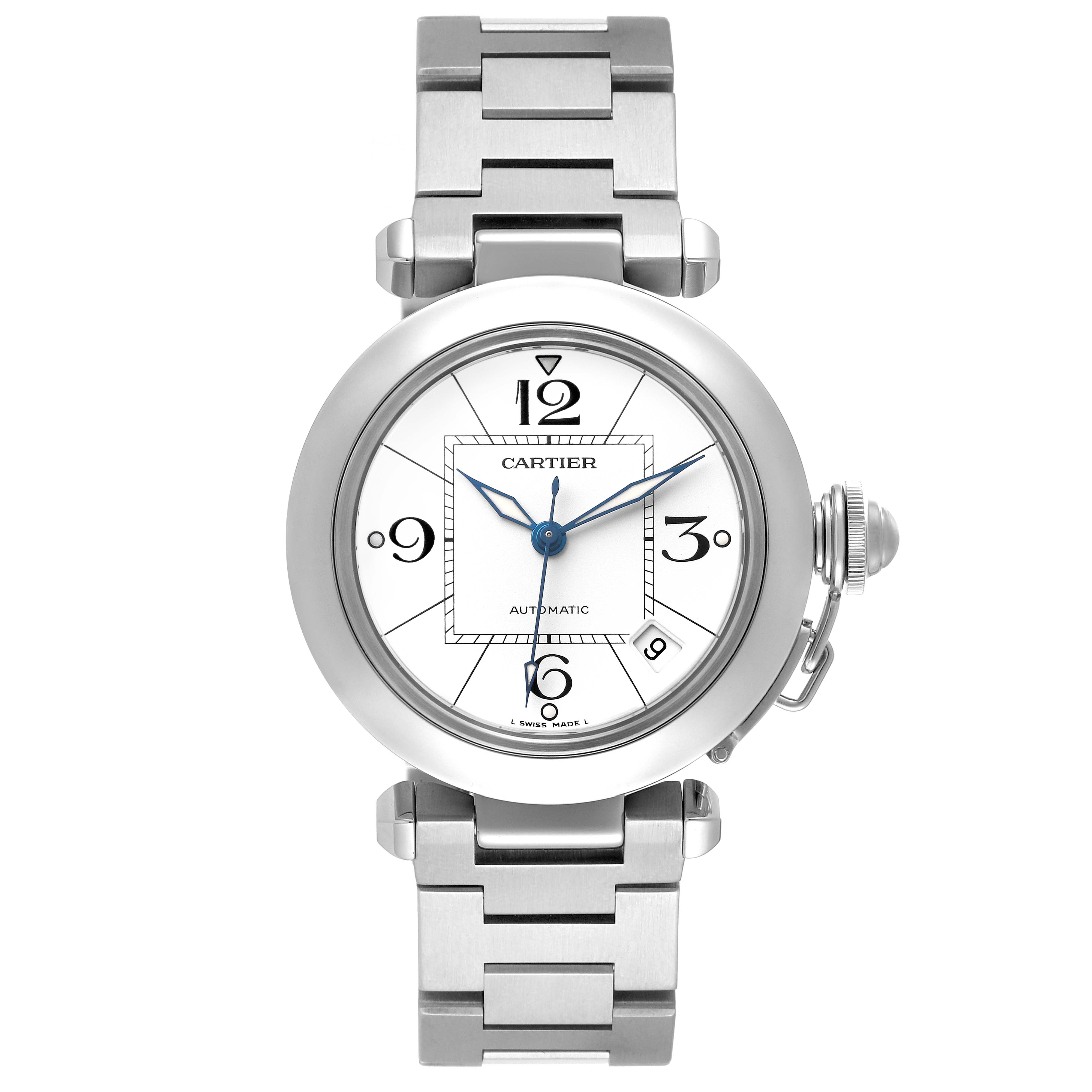 The image shows a front view of the Cartier Pasha W31074M7 Men's Stainless Steel White Dial watch, highlighting the dial, hands, bracelet, and distinctive crown guard.
