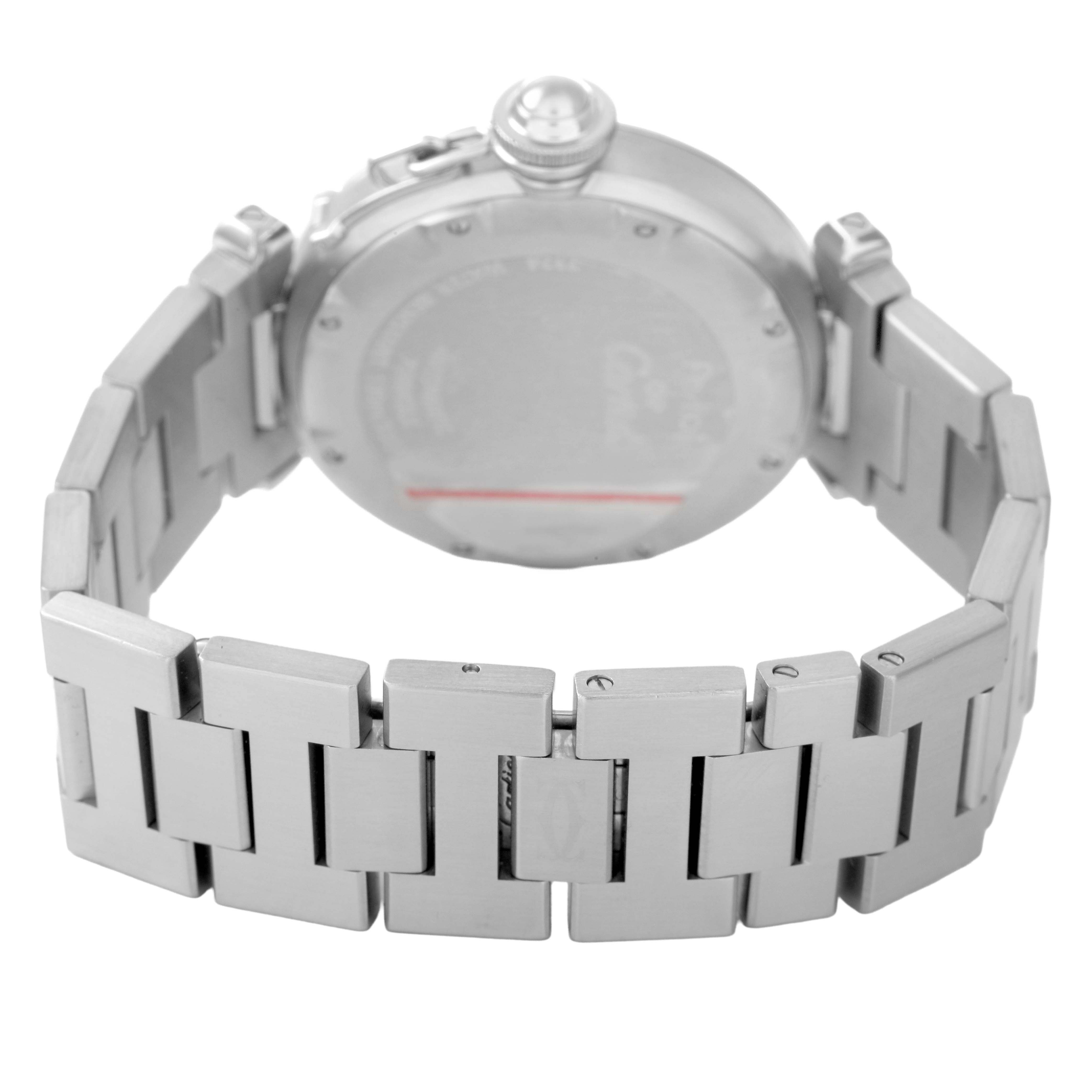 The Cartier Pasha W31074M7 Men's Stainless Steel White Dial watch is shown from the rear angle, highlighting the bracelet and case back.