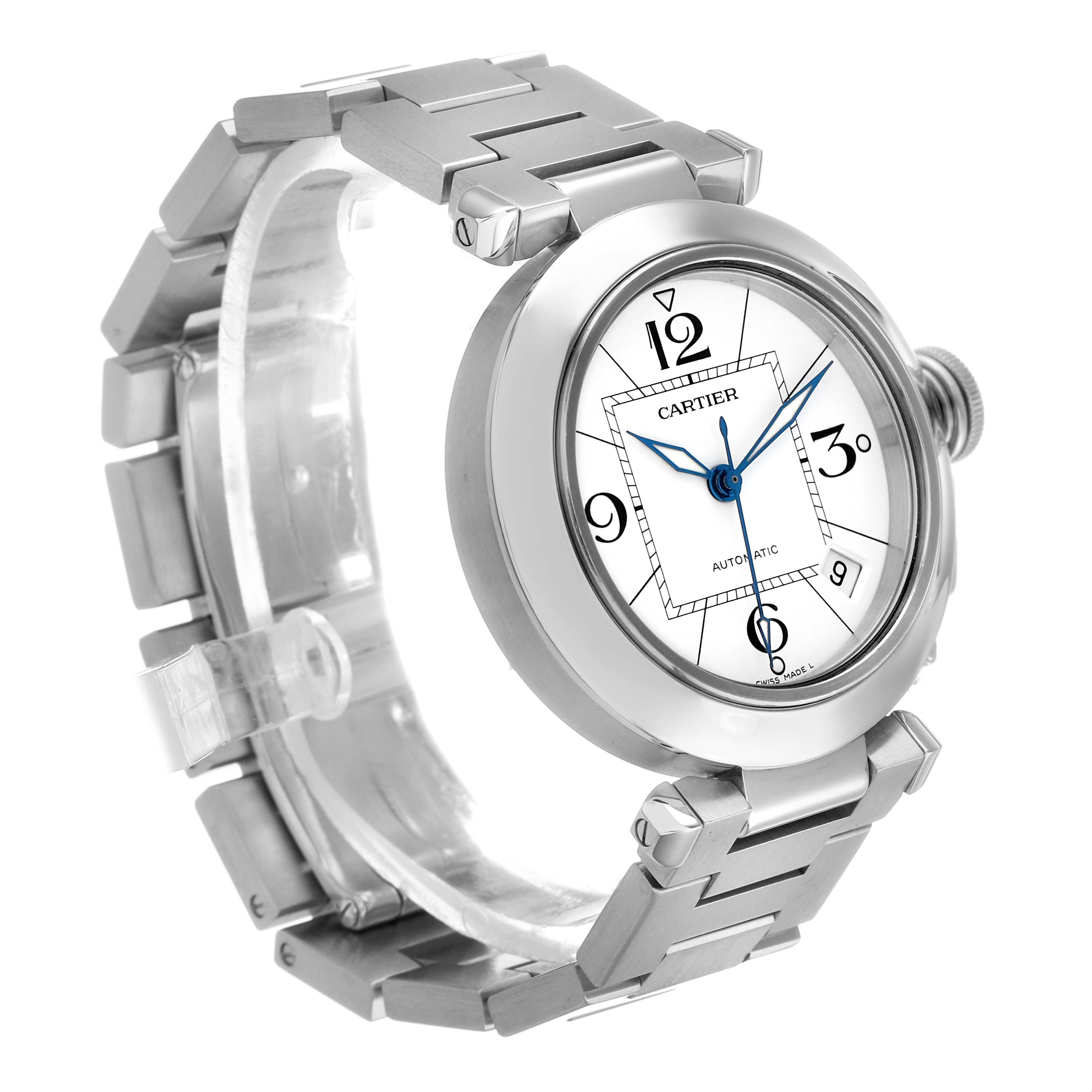 The Cartier Pasha W31074M7 Men's Stainless Steel White Dial watch is shown at an angle highlighting the face, bezel, bracelet, and crown.