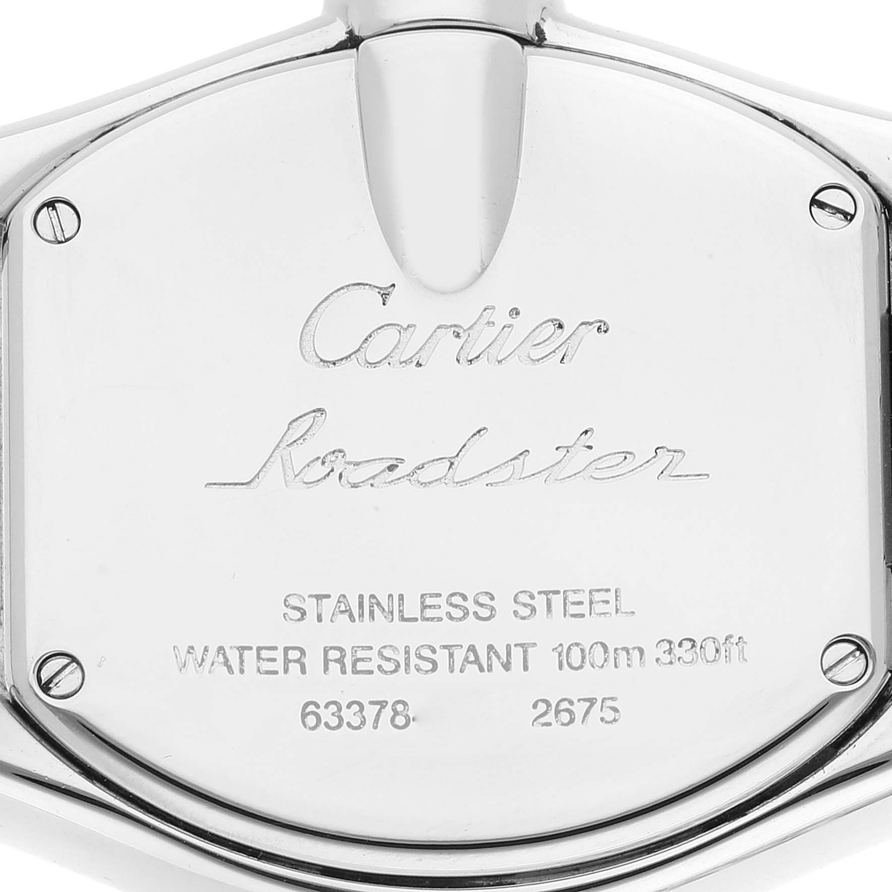 The image shows the back case of the Cartier Roadster W62017V3 Women's Stainless Steel Pink Dial W62017V3 Women's Stainless Steel Pink Dial watch, highlighting the brand, model, and specifications.