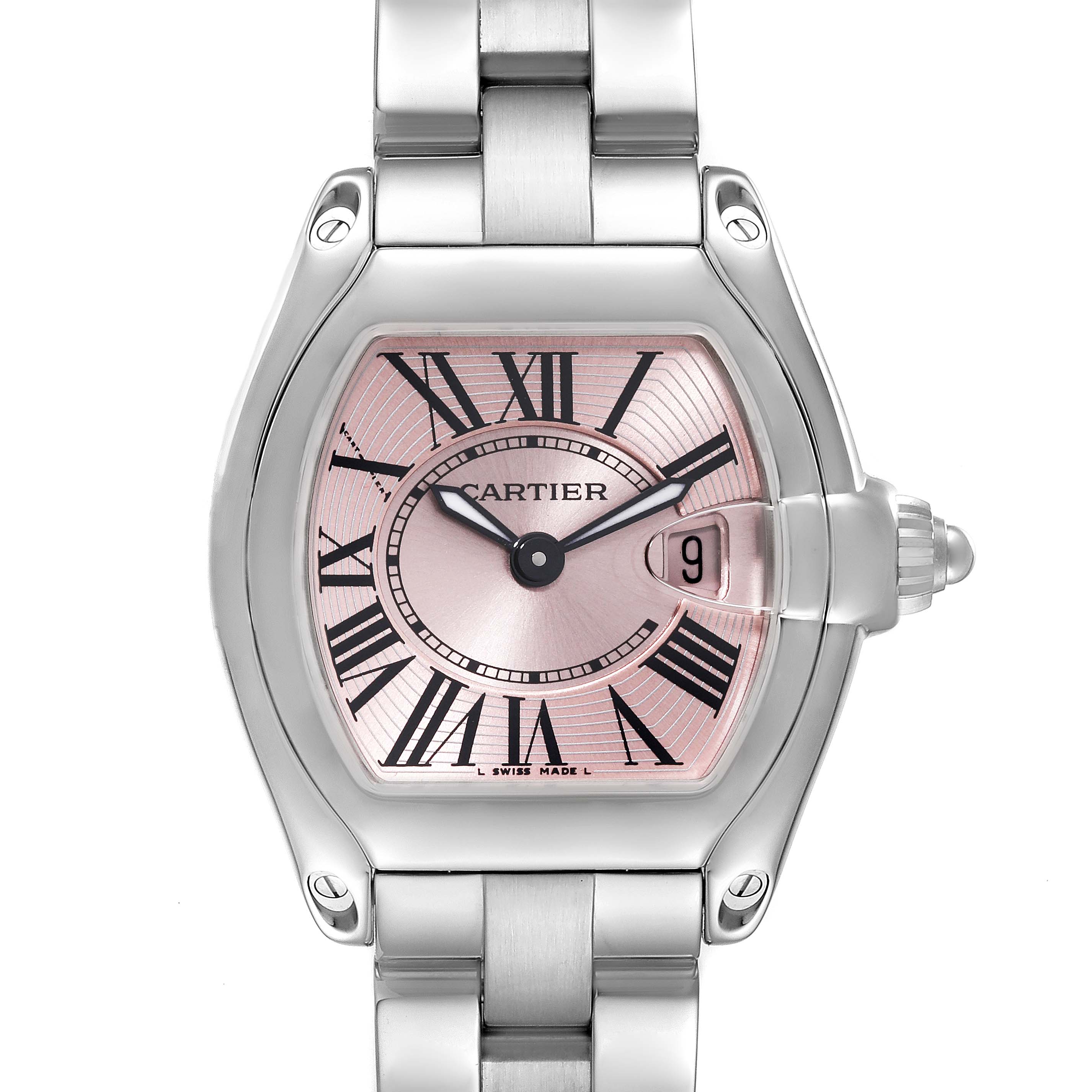 The image shows a front view of the Cartier Roadster W62017V3 Women's Stainless Steel Pink Dial W62017V3 Women's Stainless Steel Pink Dial watch, highlighting its pink dial, Roman numerals, and stainless steel bracelet.