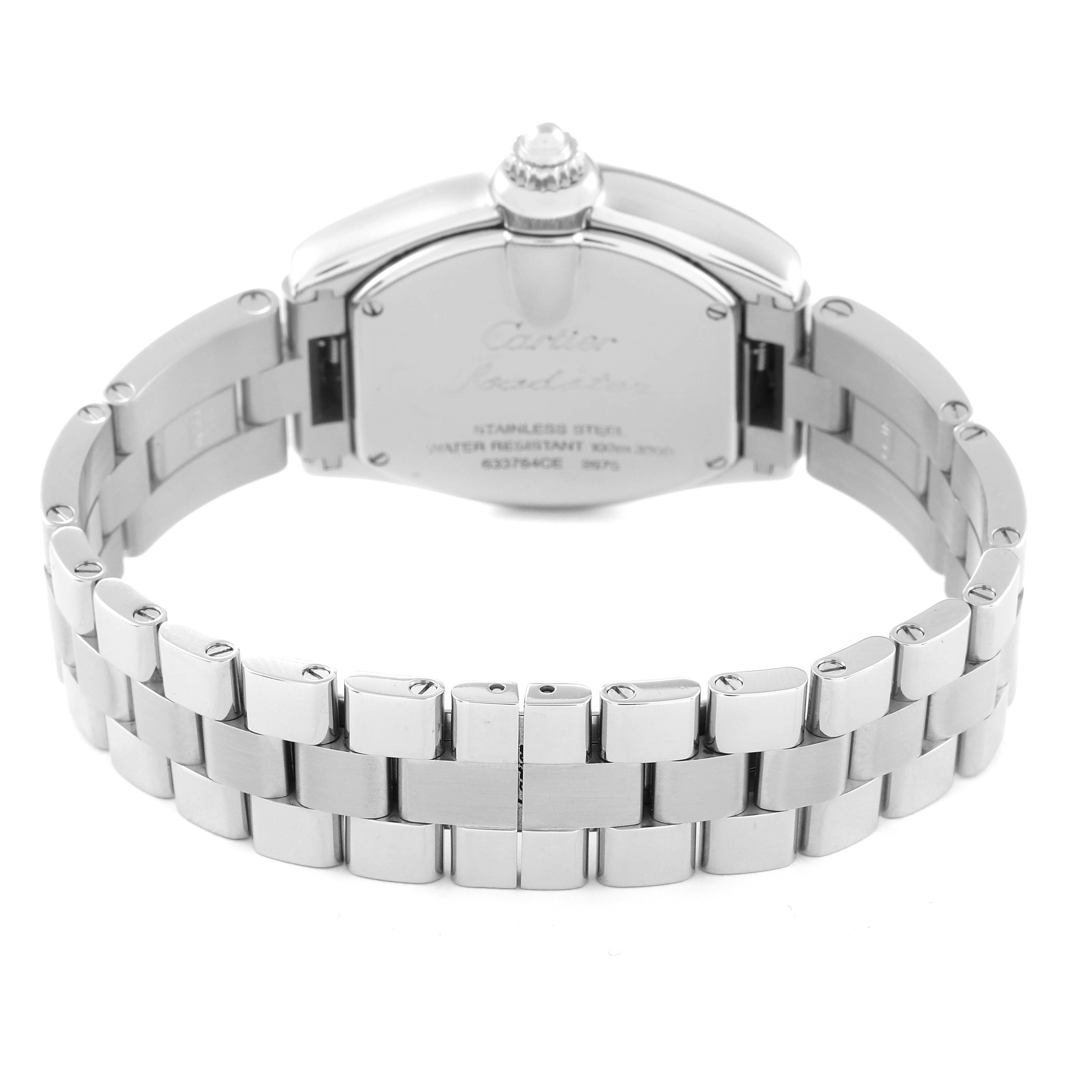 The image shows the back view of the Cartier Roadster W62017V3 Women's Stainless Steel Pink Dial W62017V3 Women's Stainless Steel Pink Dial watch, highlighting the bracelet and case back.