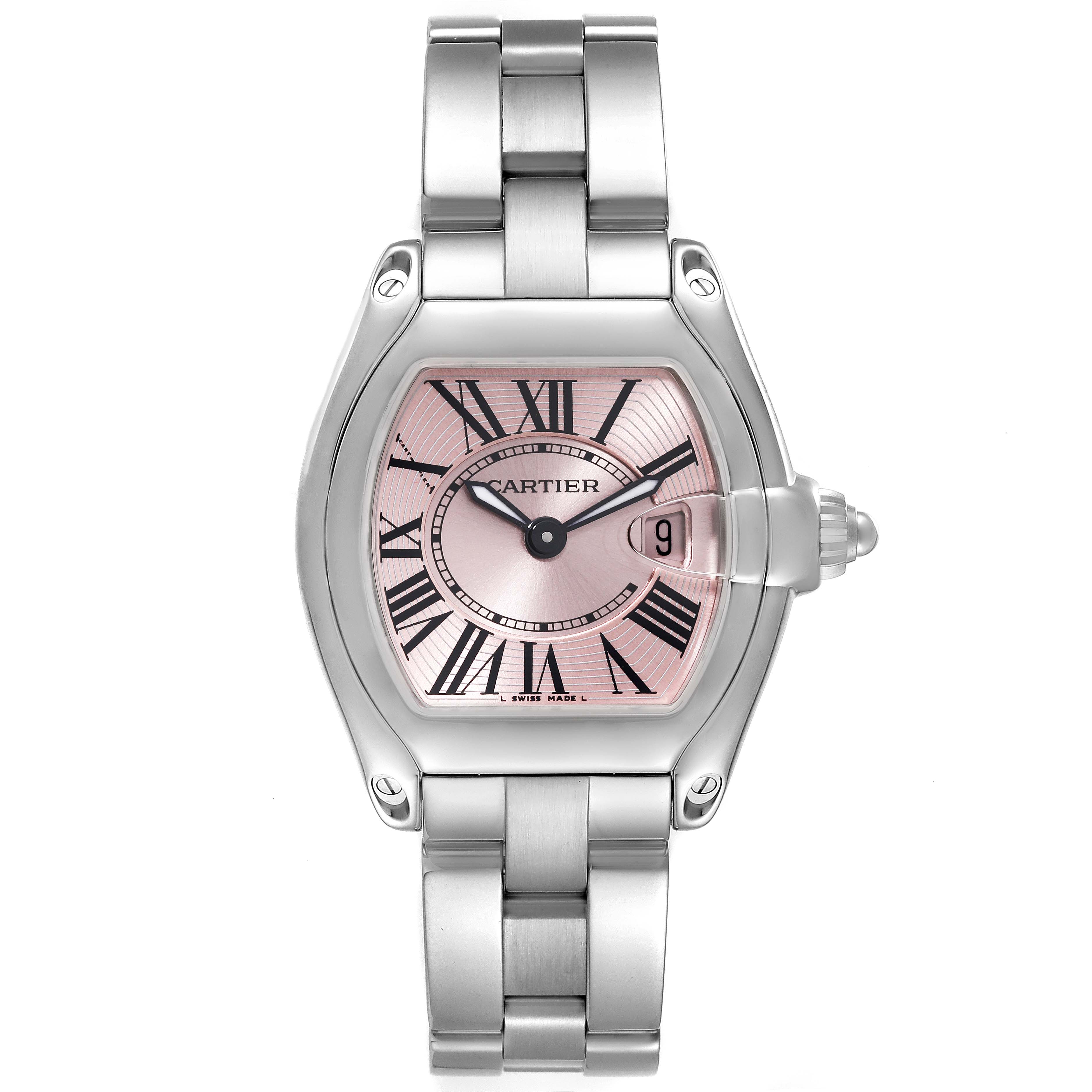 The Cartier Roadster W62017V3 Women's Stainless Steel Pink Dial W62017V3 Women's Stainless Steel Pink Dial watch is shown from a front angle, highlighting its dial, bezel, and metal bracelet.