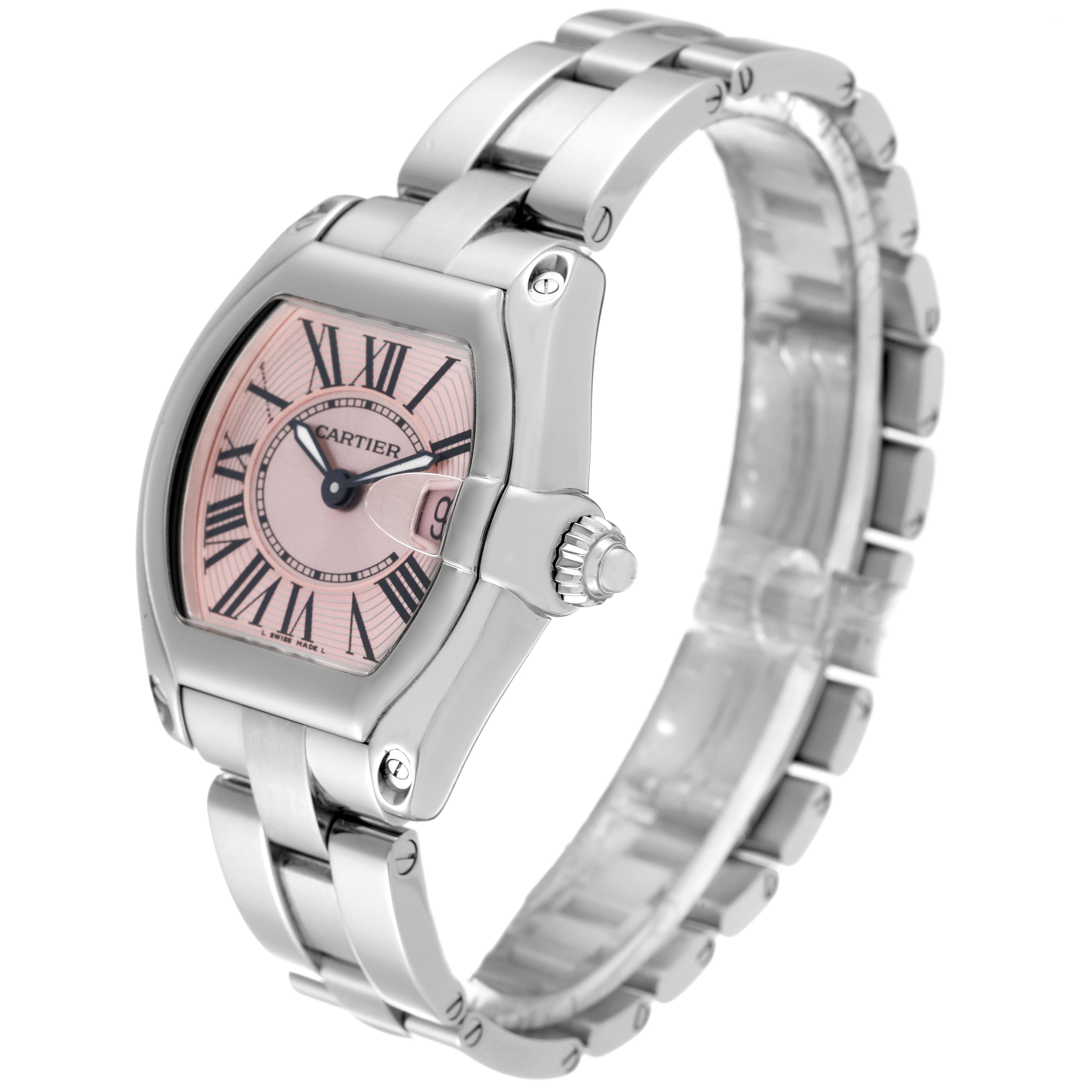 This image shows a Cartier Roadster W62017V3 Women's Stainless Steel Pink Dial W62017V3 Women's Stainless Steel Pink Dial watch at a three-quarters angle, showcasing the dial, bracelet, and crown.