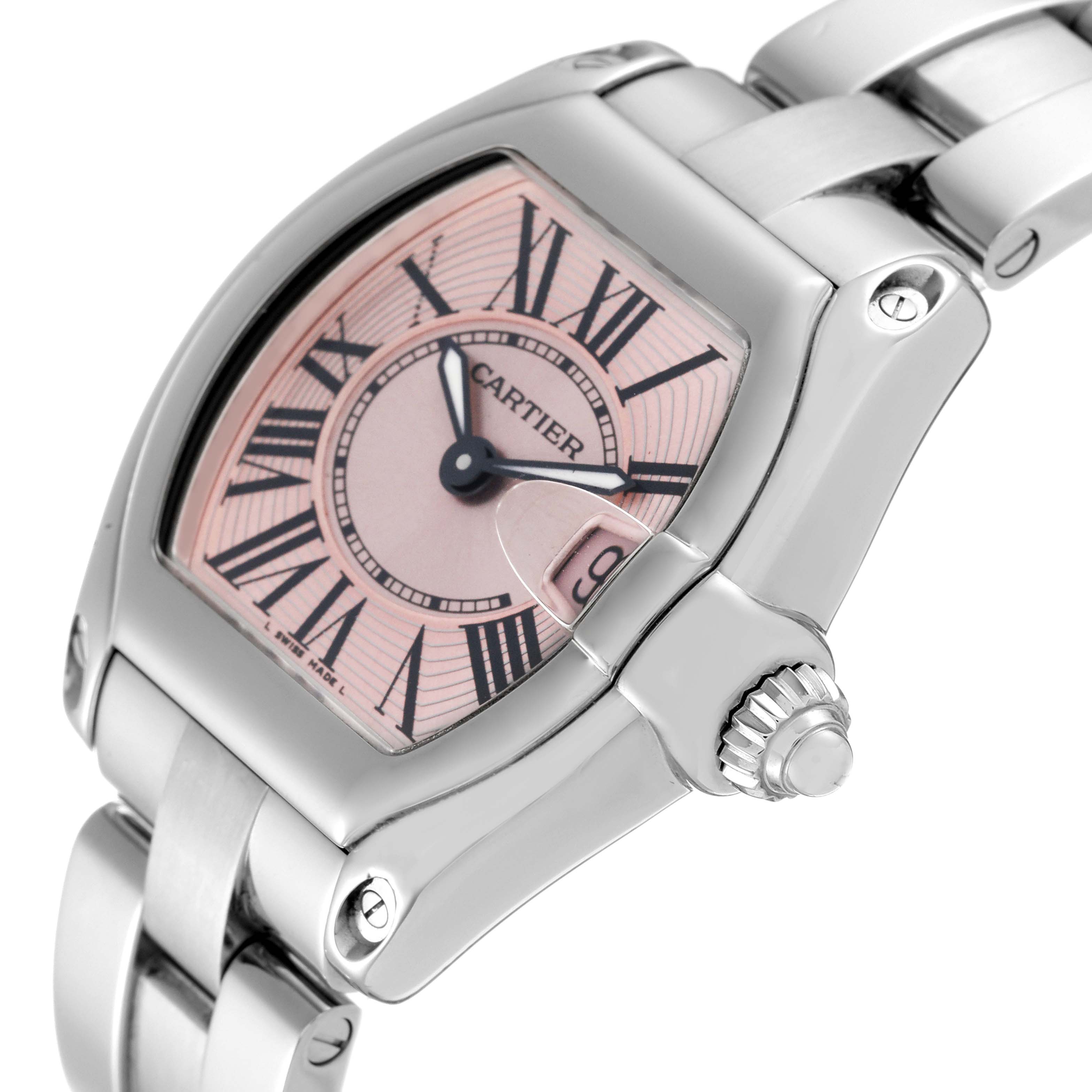 The Cartier Roadster W62017V3 Women's Stainless Steel Pink Dial W62017V3 Women's Stainless Steel Pink Dial watch is shown at an angled close-up, highlighting the dial, crown, case, and part of the bracelet.