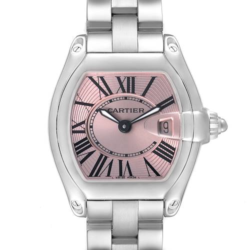 The Cartier Roadster W62017V3 Women's Stainless Steel Pink Dial watch is shown in a front-facing angle, highlighting its dial, case, and part of the bracelet.