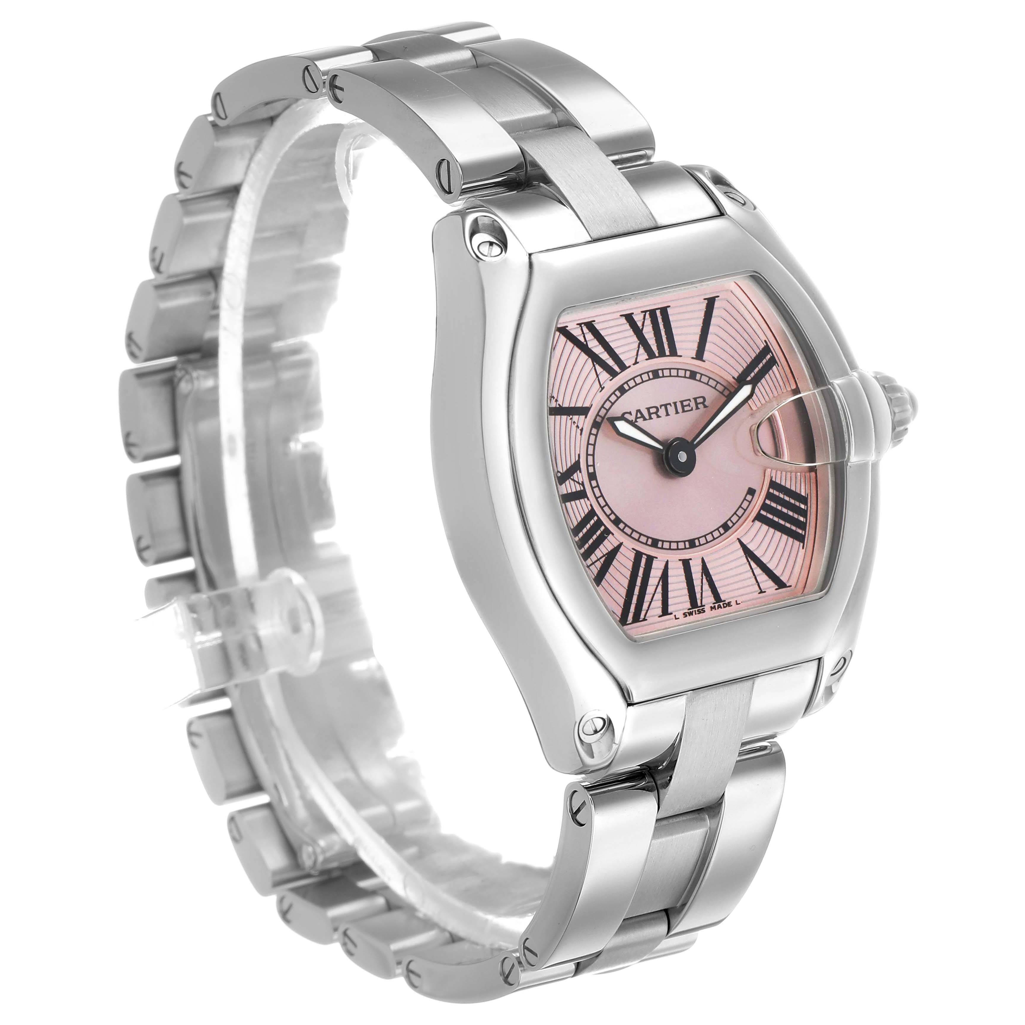The Cartier Roadster W62017V3 Women's Stainless Steel Pink Dial watch is shown from a three-quarter angle, highlighting its pink dial, Roman numerals, and stainless steel bracelet.