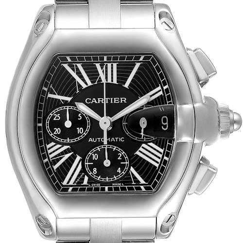 The image shows a front view of the Cartier Roadster watch, highlighting its dial, case, and crown.