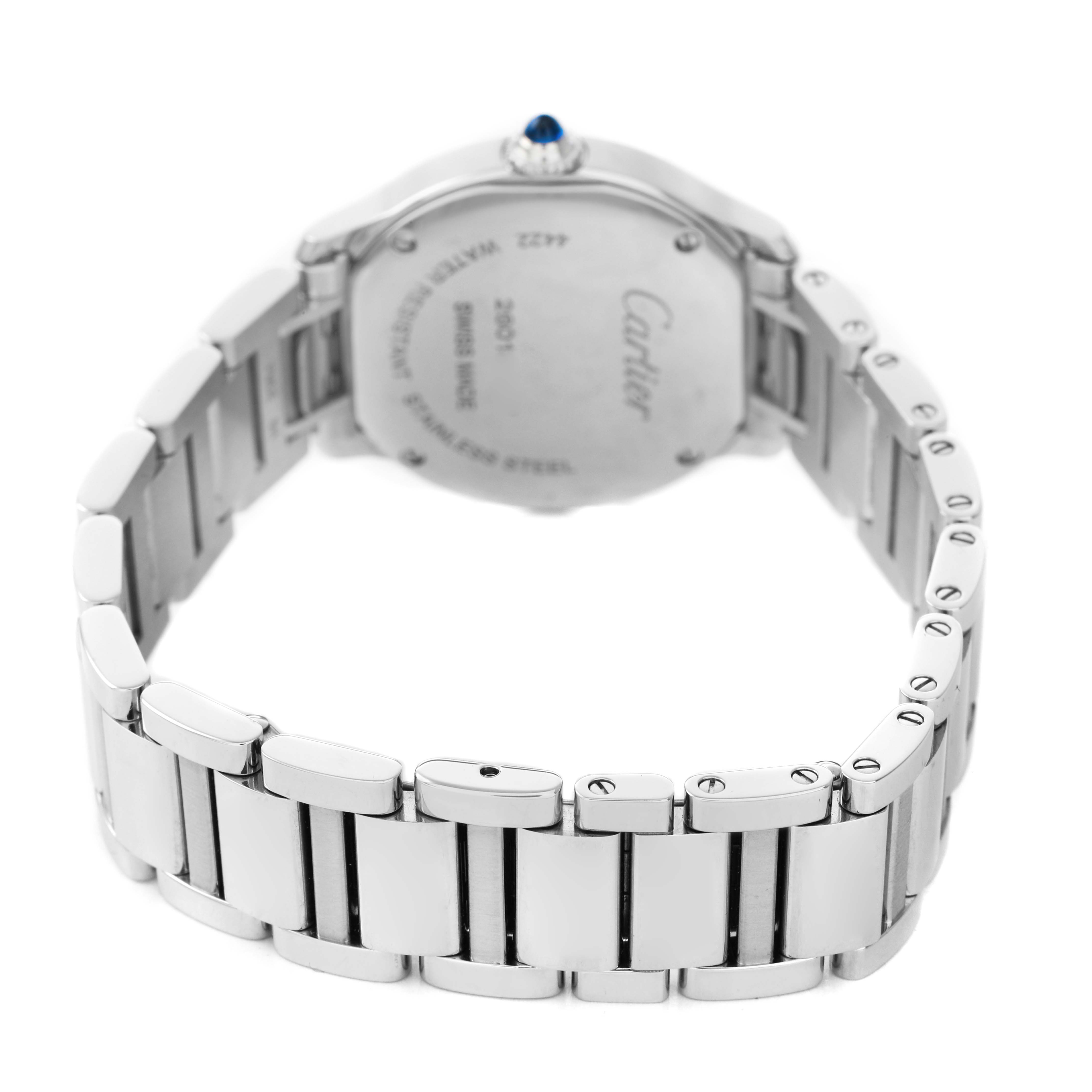 The image shows the back and bracelet of a Cartier Ronde WSRN0033 Women's Stainless Steel Silver Dial watch, highlighting the stainless steel and the crown with a blue cabochon.