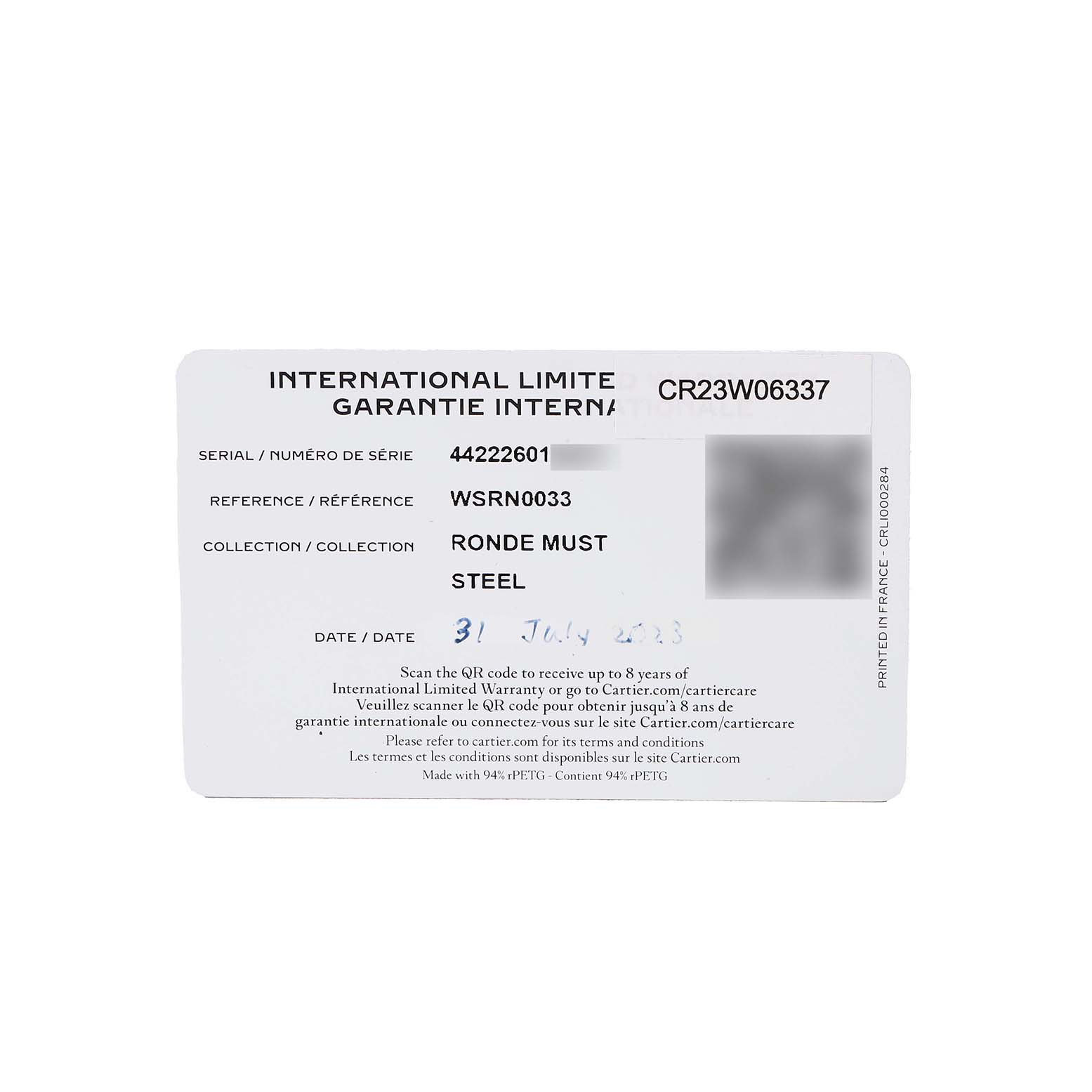 The image shows the warranty card for the Cartier Ronde WSRN0033 Women's Stainless Steel Silver Dial model, featuring details like serial and reference numbers.