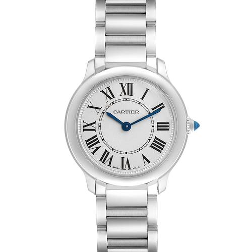 The Ronde model by Cartier is shown from a top-down angle, displaying the dial, Roman numerals, and metal bracelet.