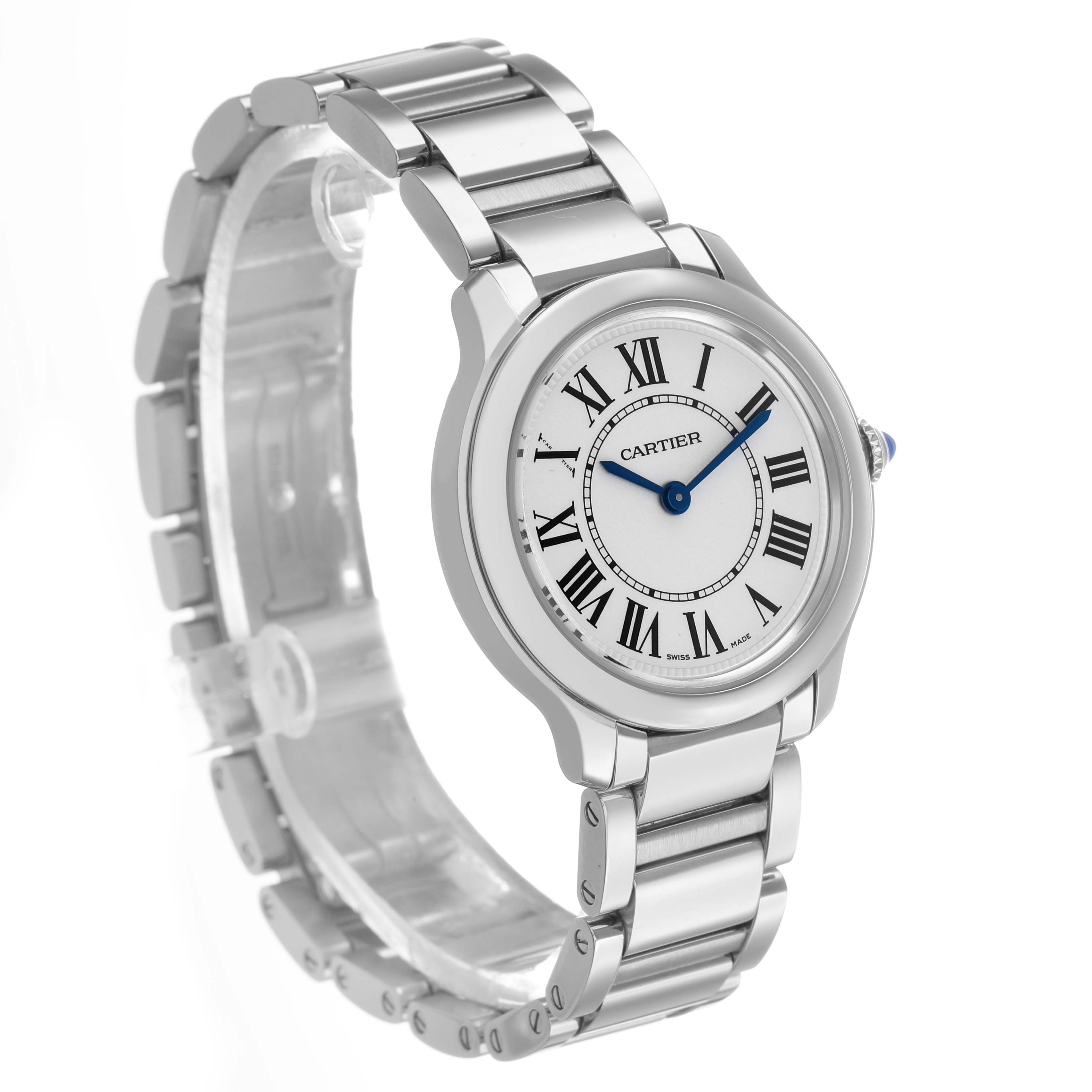 The Cartier Ronde WSRN0033 Women's Stainless Steel Silver Dial watch is shown at a slight angle, displaying the face with Roman numerals and its metal bracelet.
