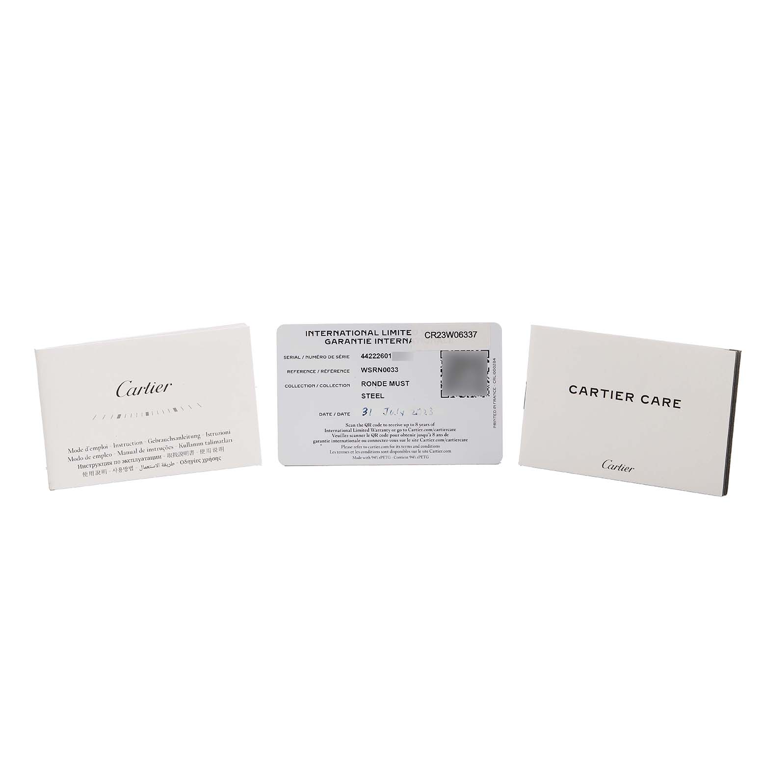 The image shows warranty and care cards for the Cartier Ronde WSRN0033 Women's Stainless Steel Silver Dial model, displayed upright.