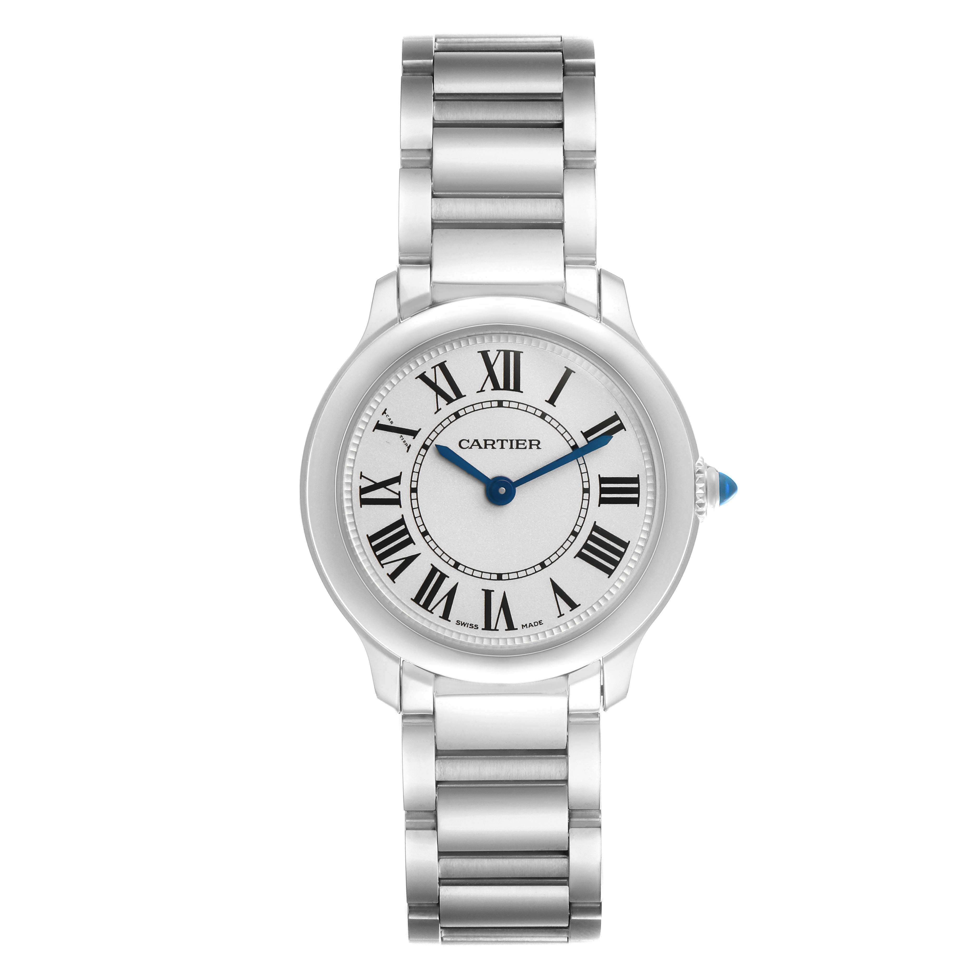 The Cartier Ronde WSRN0033 Women's Stainless Steel Silver Dial watch is shown from the front, displaying the full face and bracelet with Roman numerals and blue hands.