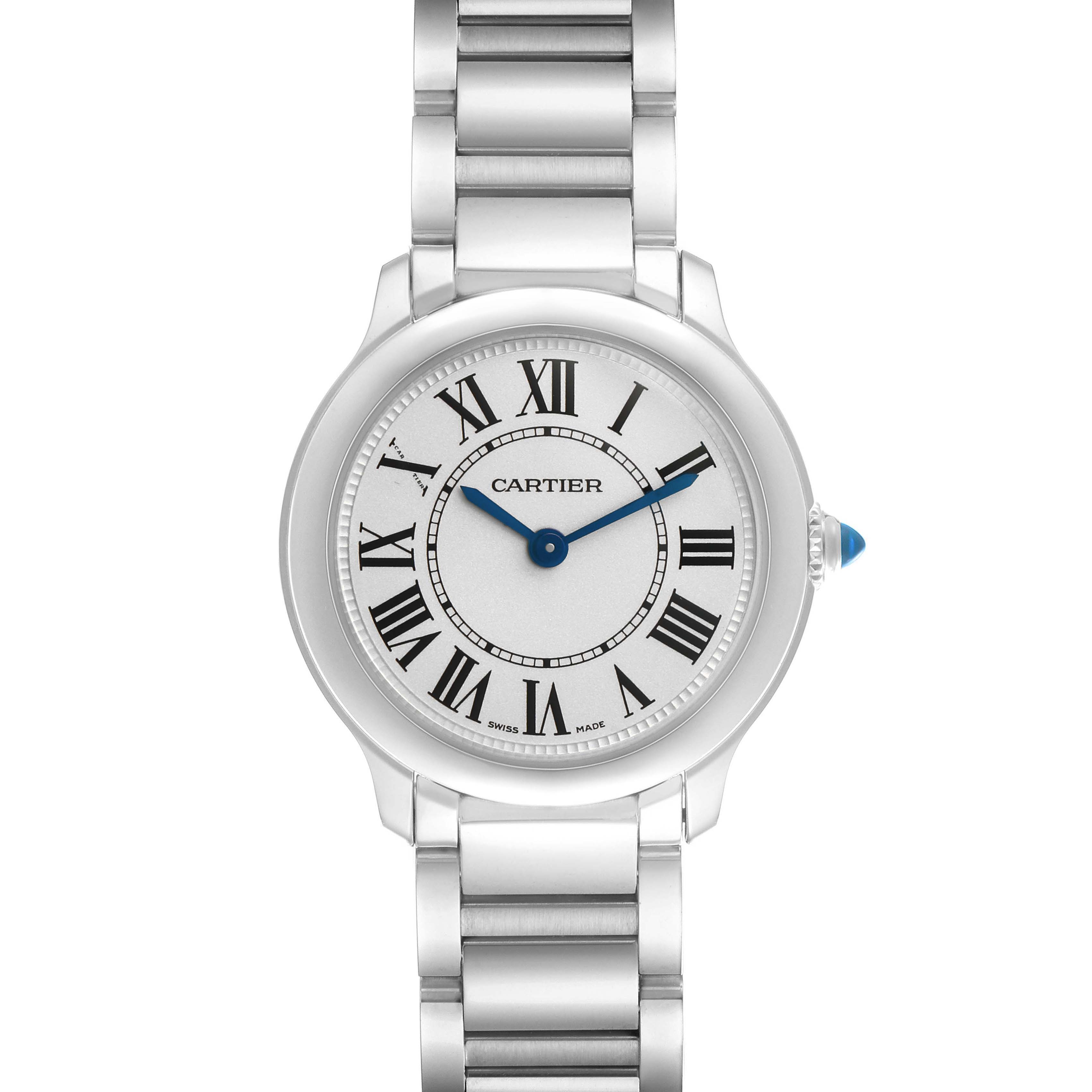 The Cartier Ronde WSRN0033 Women's Stainless Steel Silver Dial watch is shown from a top-down angle, displaying the dial, Roman numerals, blue hands, bracelet, and crown.