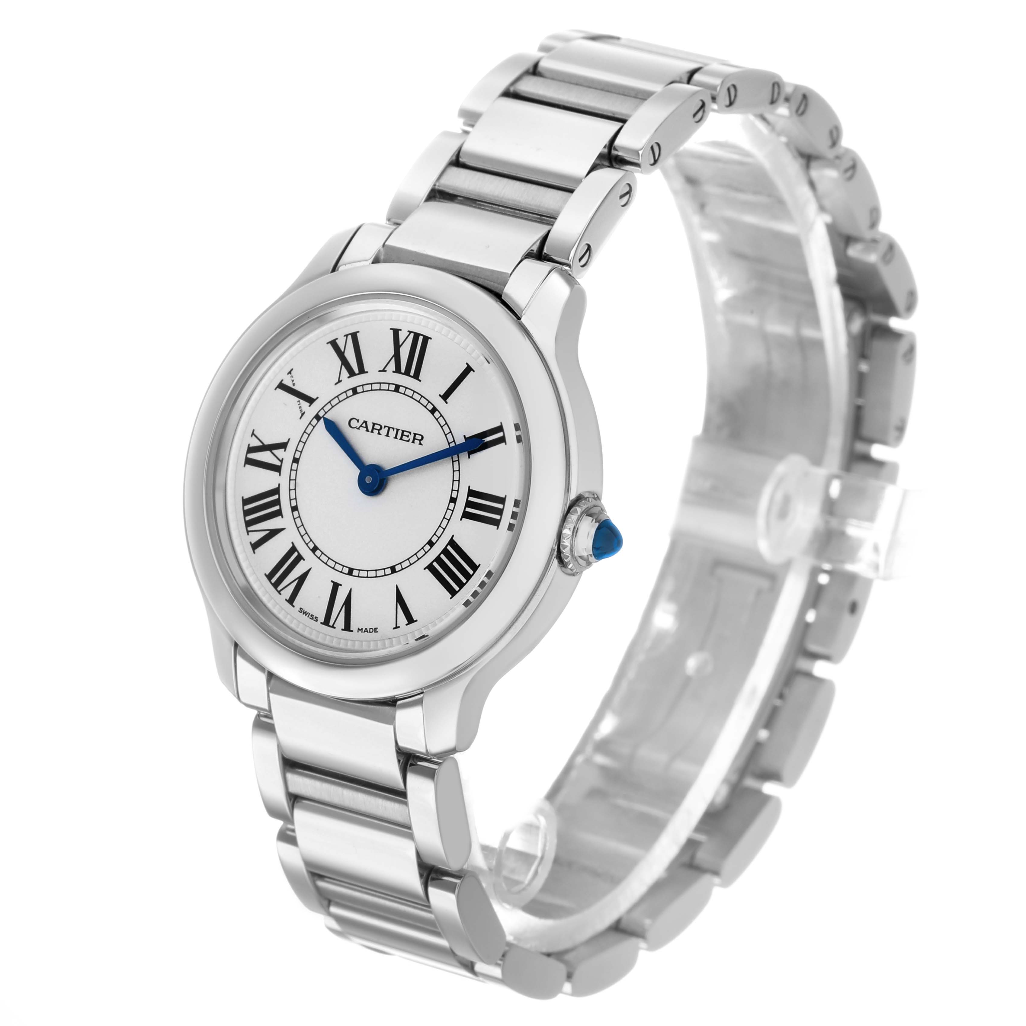 The Cartier Ronde WSRN0033 Women's Stainless Steel Silver Dial watch is shown at a 3/4 angle, highlighting the face, bracelet, and crown with its blue cabochon.