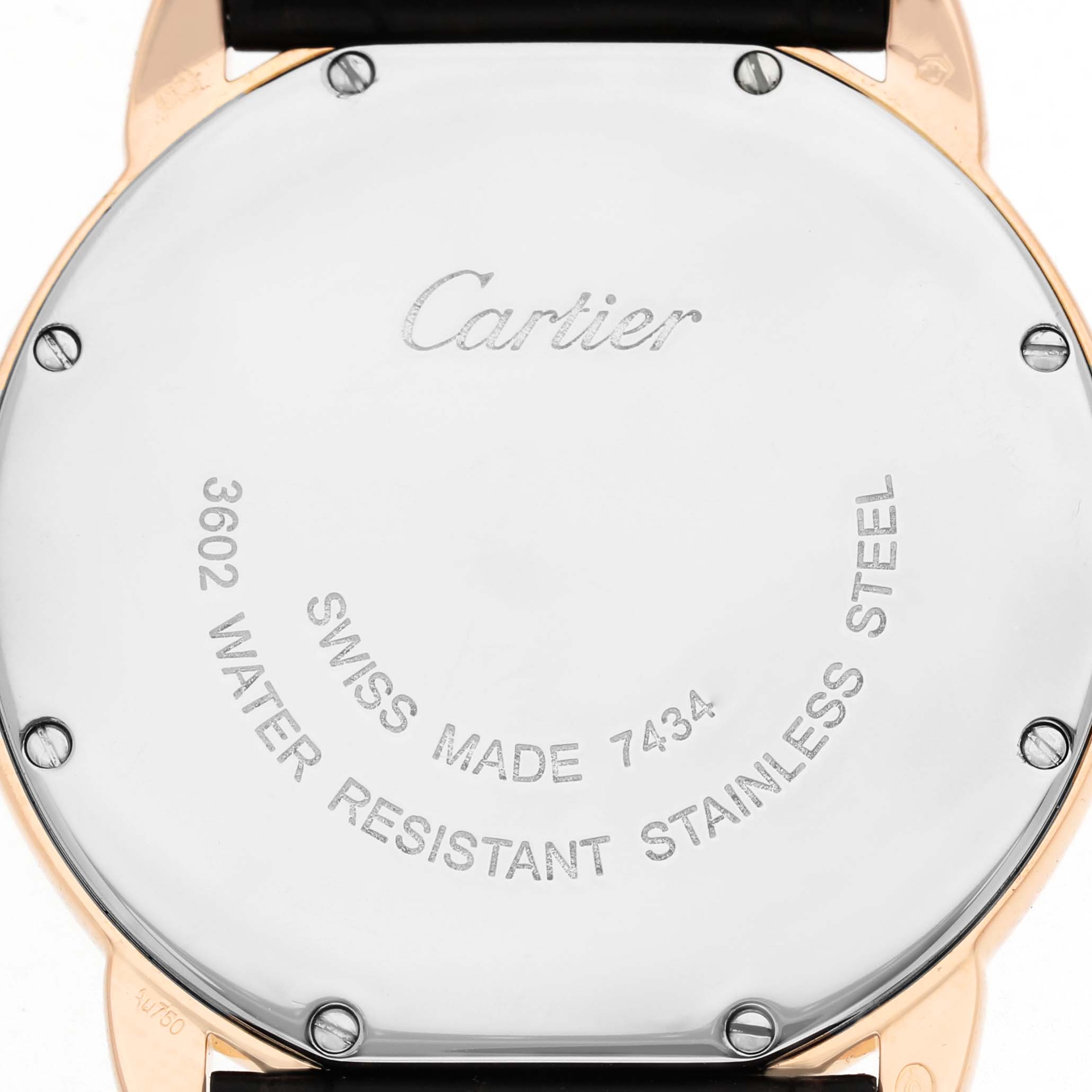 The image shows the back case of the Cartier Ronde W6701008 Men's Steel and Gold (two tone) Silver Dial watch, highlighting the brand name and model details.