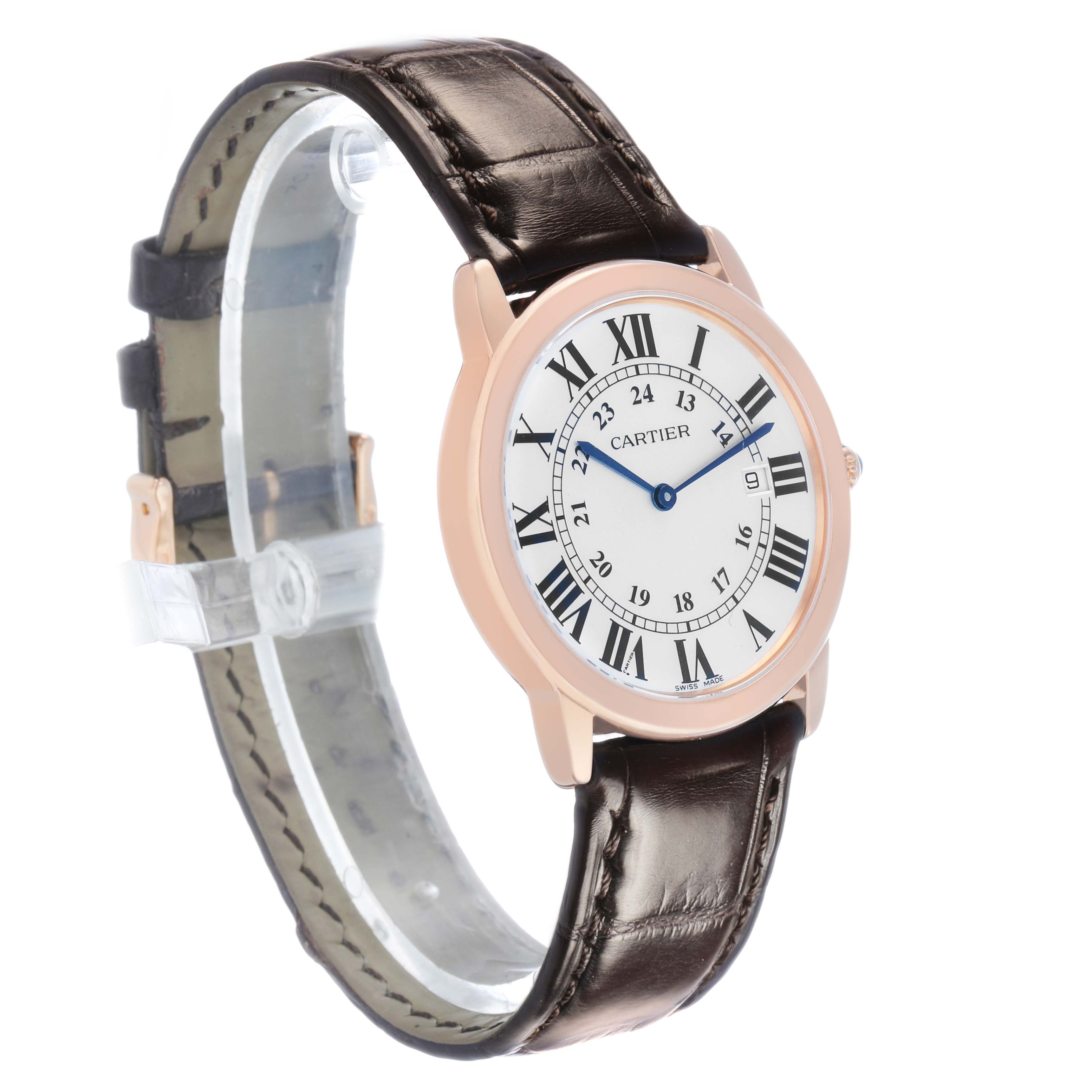 The Cartier Ronde W6701008 Men's Steel and Gold (two tone) Silver Dial watch is shown at a three-quarter angle, highlighting its round face, Roman numerals, and leather strap.