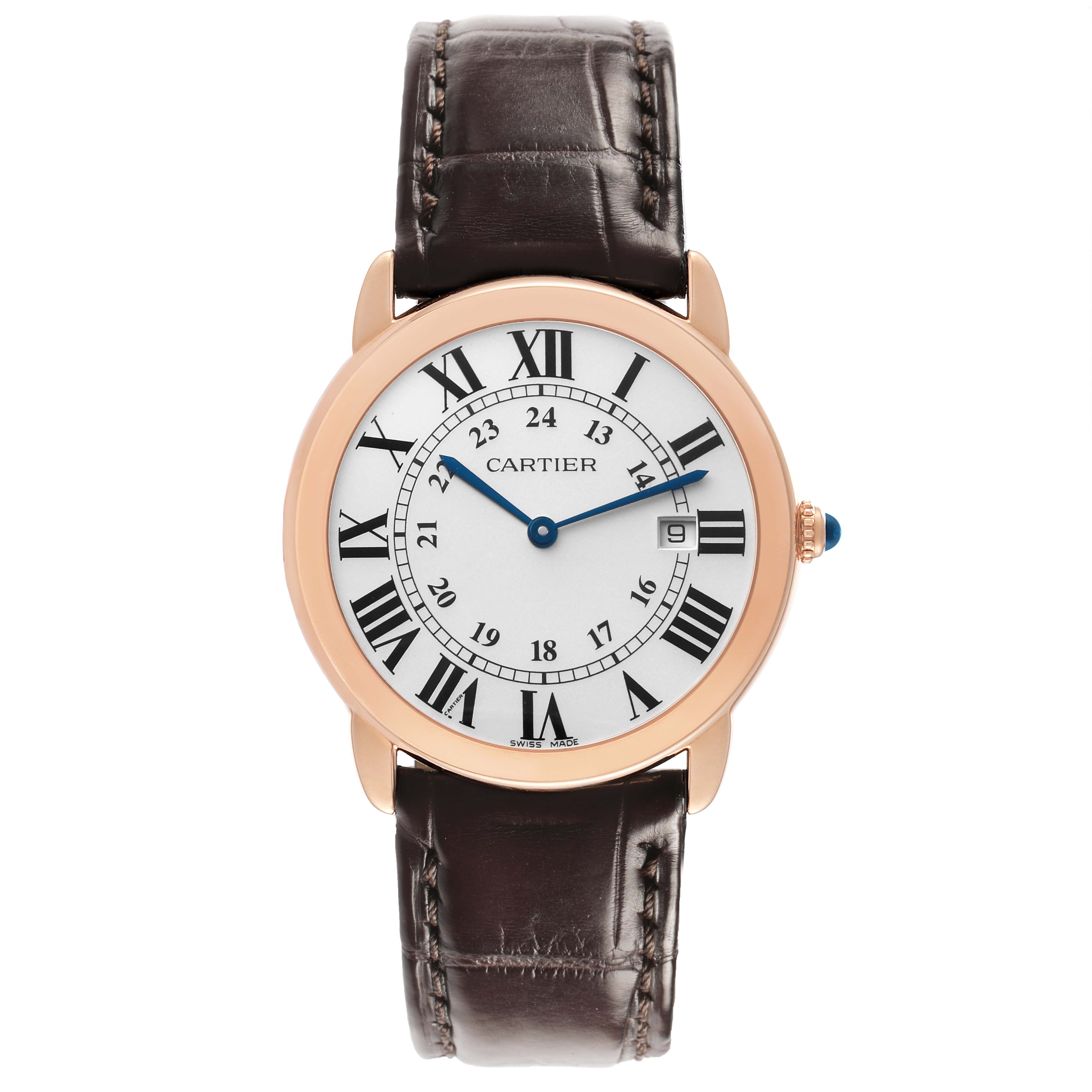 The Cartier Ronde W6701008 Men's Steel and Gold (two tone) Silver Dial model watch is shown from the front, displaying the dial, case, strap, and crown.
