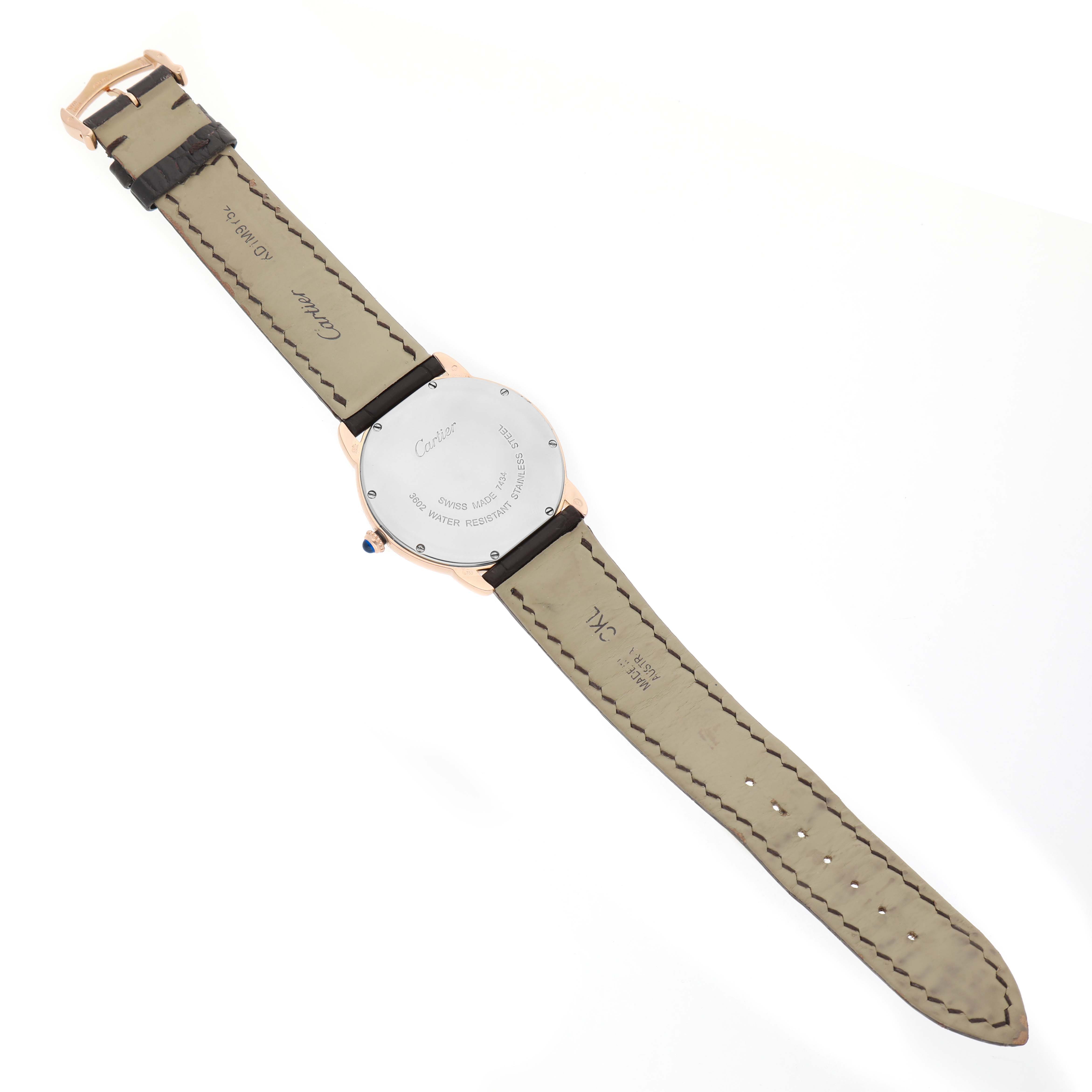 The image shows the back view of a Cartier Ronde W6701008 Men's Steel and Gold (two tone) Silver Dial watch, highlighting its case back, strap, and buckle.