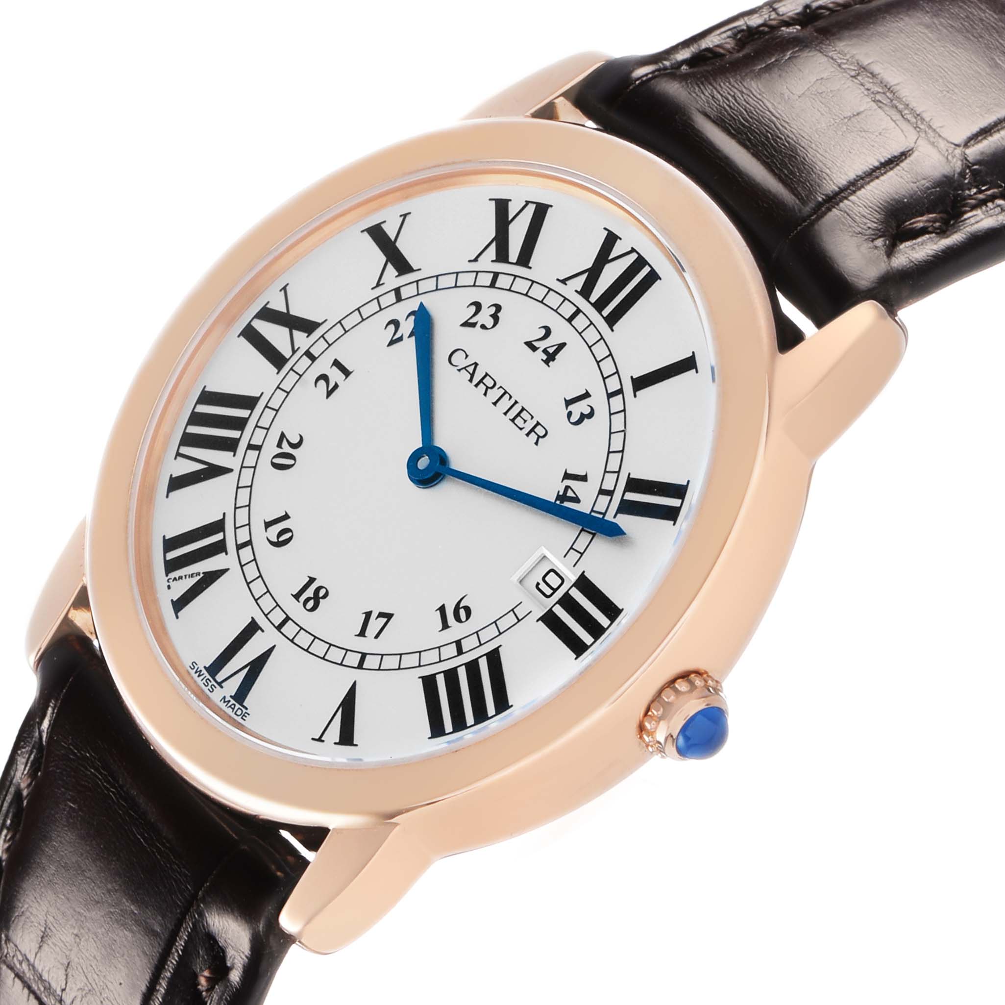 The Cartier Ronde W6701008 Men's Steel and Gold (two tone) Silver Dial watch is shown at an angled side view, highlighting its face, crown, and black leather strap.