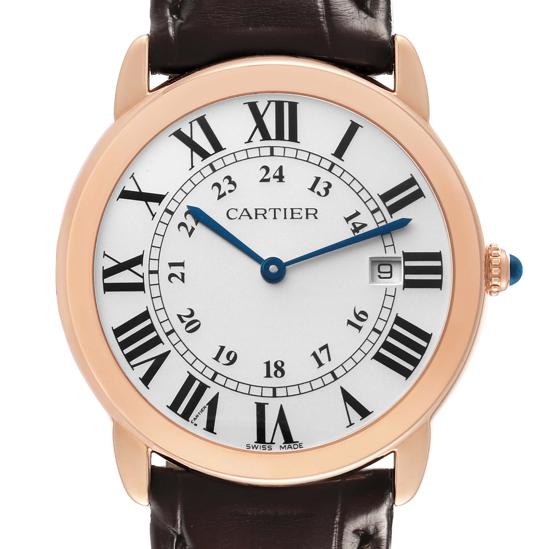 The Cartier Ronde W6701008 Men's Steel and Gold (two tone) Silver Dial watch is shown front-on, displaying its dial, Roman numerals, and blue hands.