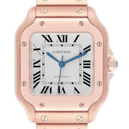 The image shows a front view of the Cartier Santos watch, highlighting its dial, bezel, and part of the bracelet.