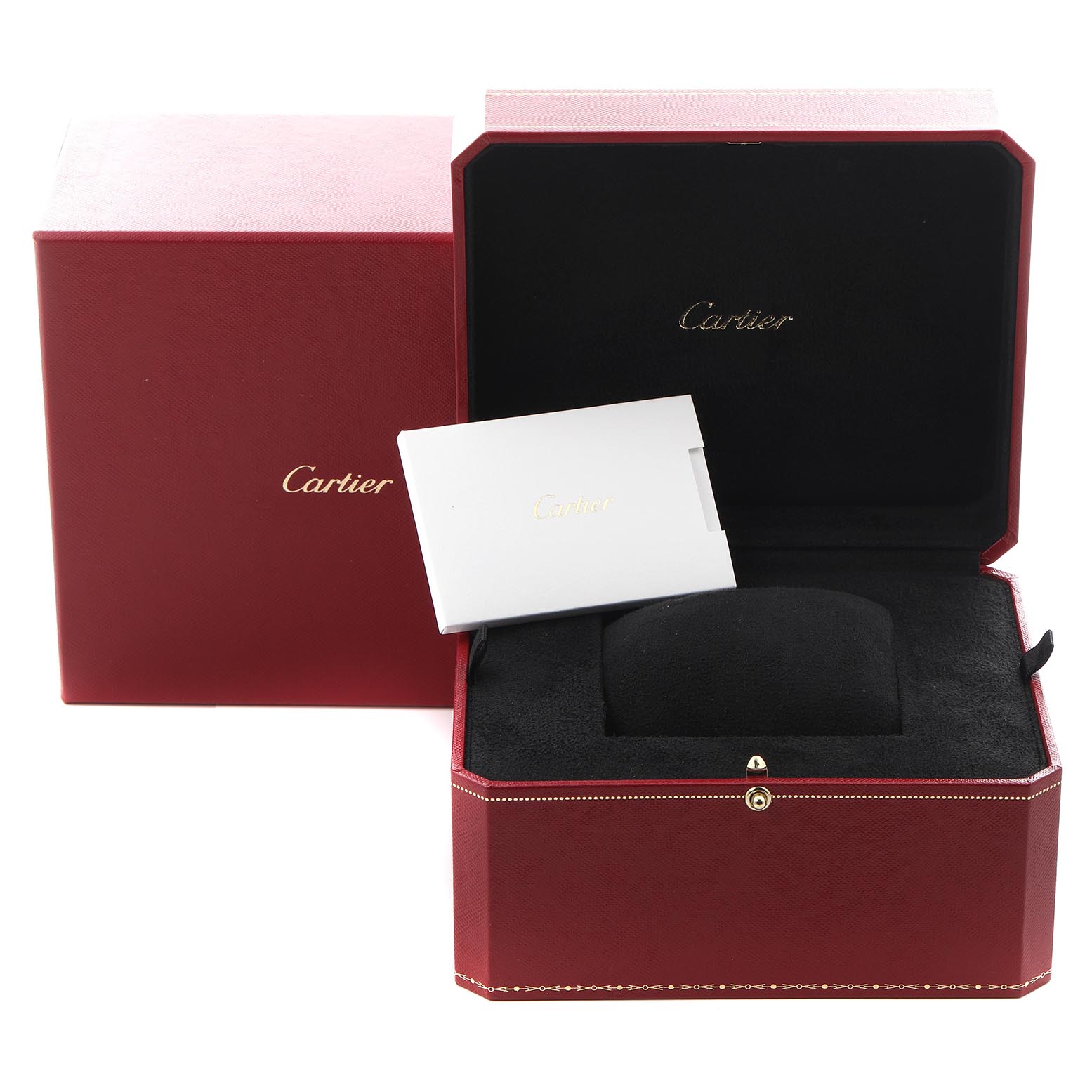 The image shows packaging accessories for the Cartier Santos Demoiselle WF9007Z8 Women
s Rose Gold Silver Dial WF9007Z8 Women
s Rose Gold Silver Dial, including an open red box and a small card.