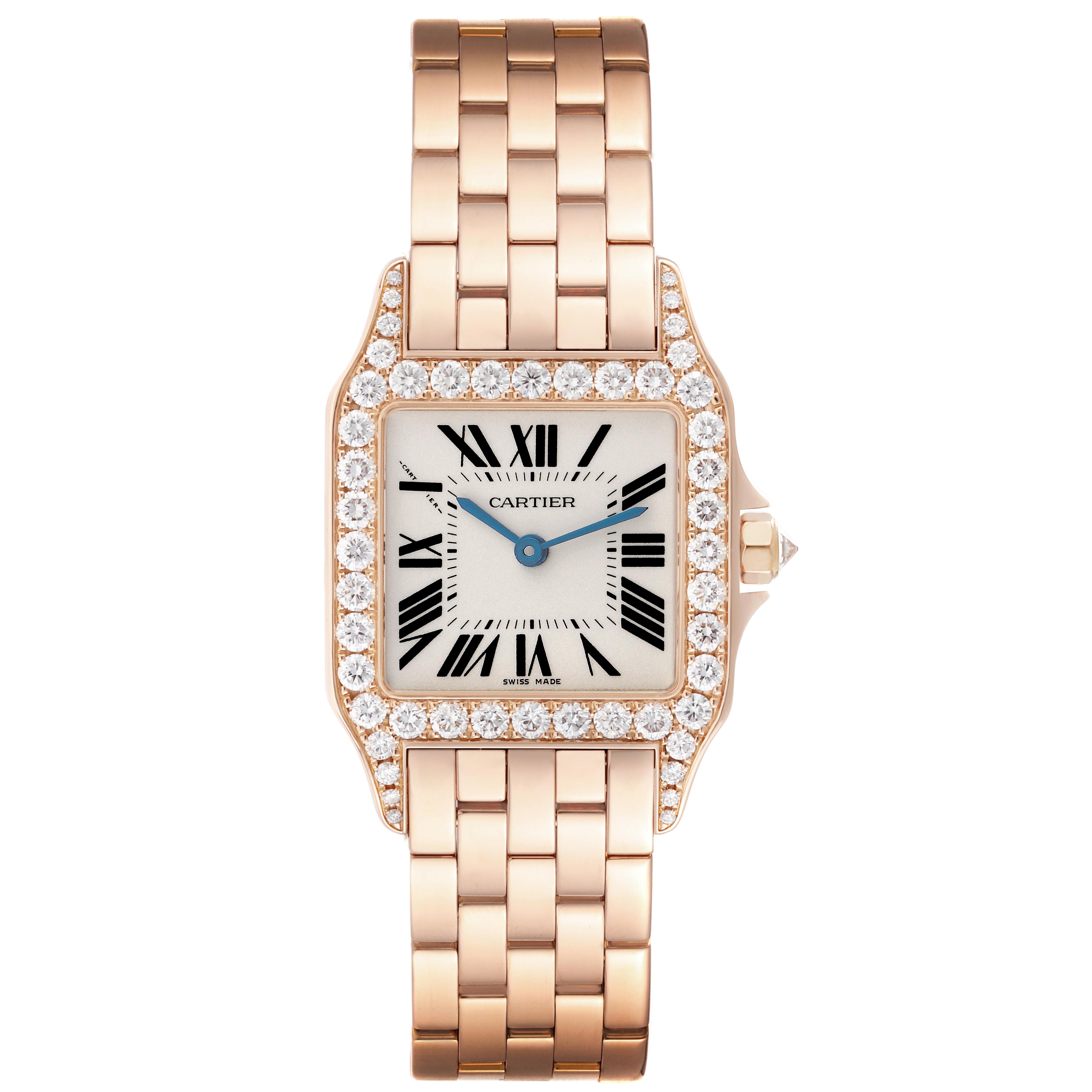 The Cartier Santos Demoiselle WF9007Z8 Women
s Rose Gold Silver Dial WF9007Z8 Women
s Rose Gold Silver Dial watch is shown from a top-down angle, displaying the face, bezel, and part of the bracelet.