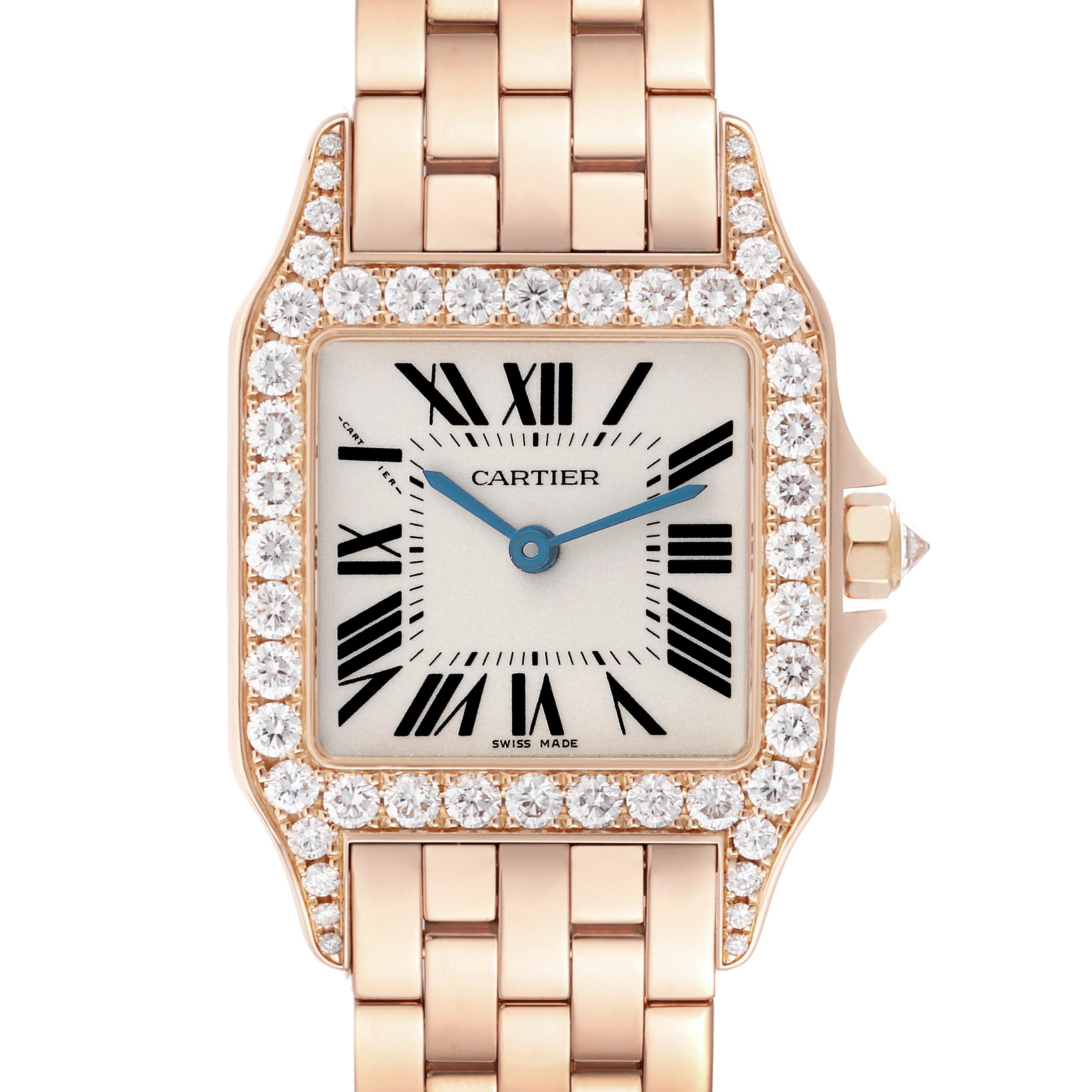 This image shows a Cartier Santos Demoiselle WF9007Z8 Women
s Rose Gold Silver Dial WF9007Z8 Women
s Rose Gold Silver Dial watch from a top-down angle, highlighting its diamond-studded bezel and bracelet.