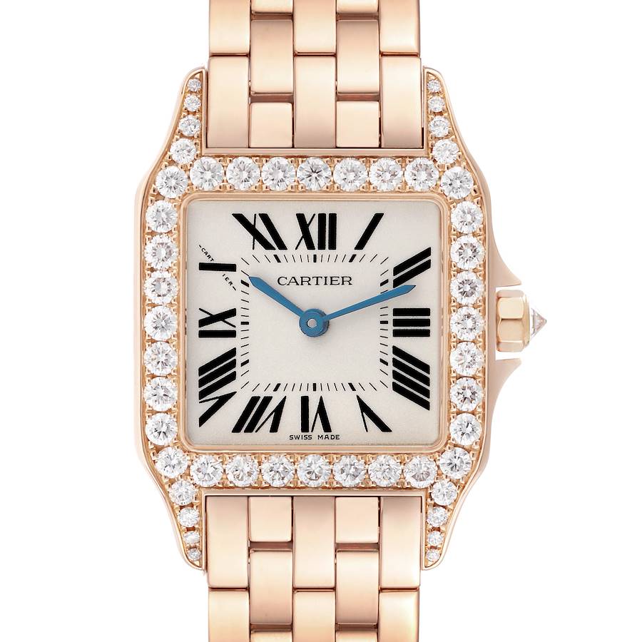 This image shows a Cartier Santos Demoiselle watch from a top-down angle, highlighting its diamond-studded bezel and bracelet.