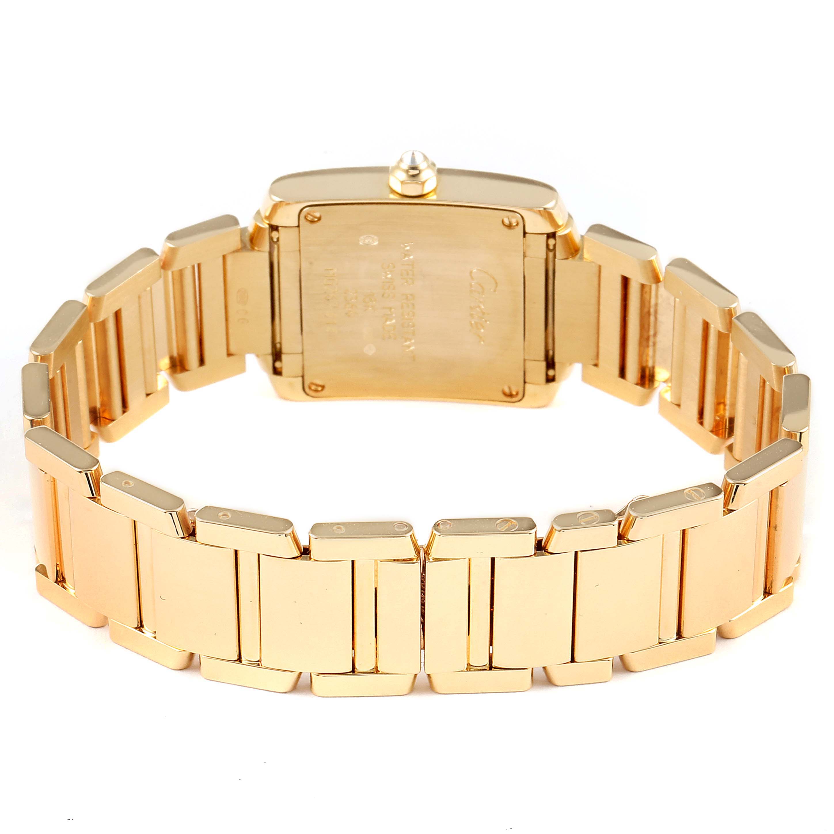 The image shows the backside of a Cartier Tank Francaise WE1001R8 Women
s Yellow Gold Silver Dial WE1001R8 Women
s Yellow Gold Silver Dial watch, focusing on the gold bracelet and case.