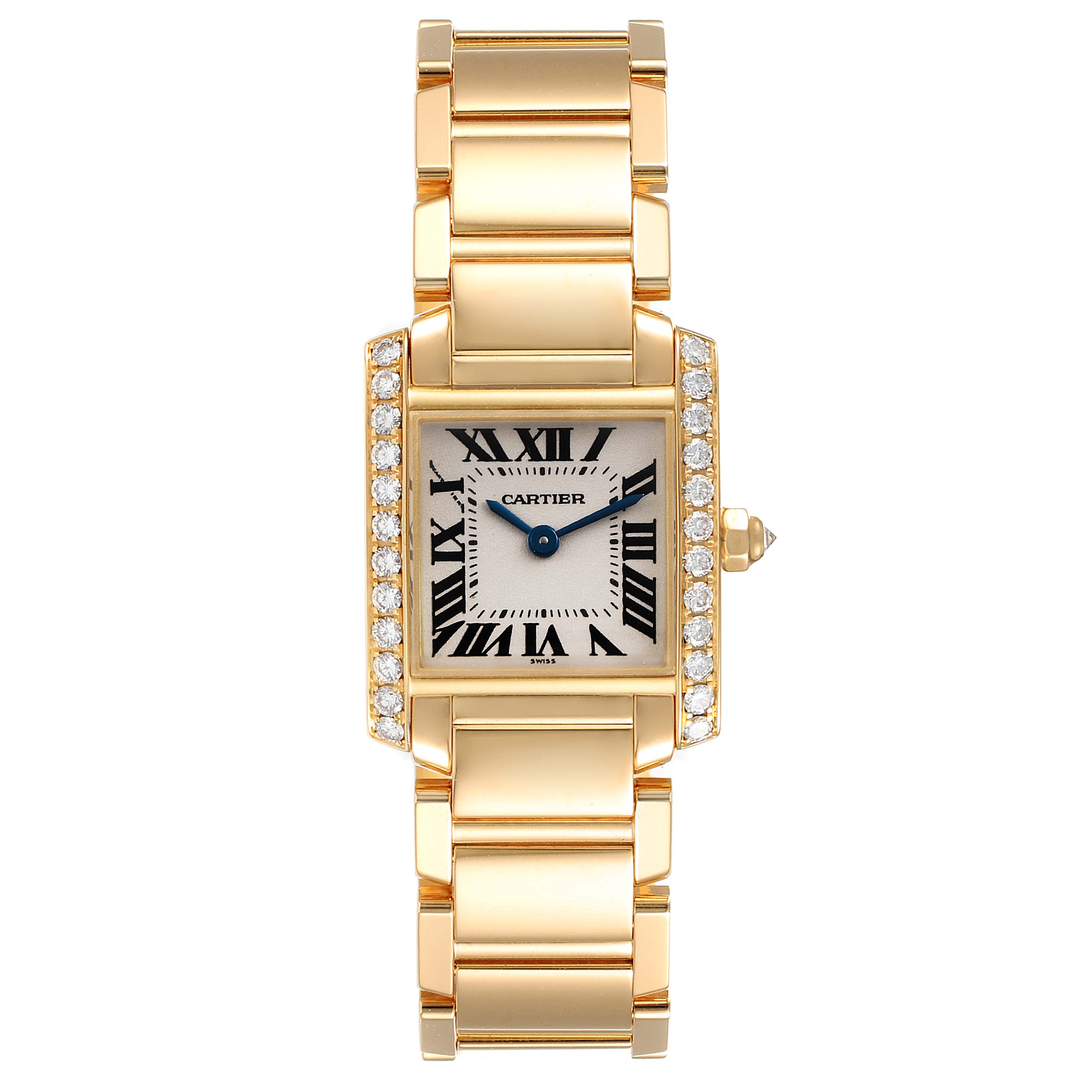 The image shows a frontal view of the Cartier Tank Francaise WE1001R8 Women
s Yellow Gold Silver Dial WE1001R8 Women
s Yellow Gold Silver Dial watch, showcasing its rectangular dial, bracelet, and diamond-set bezel.