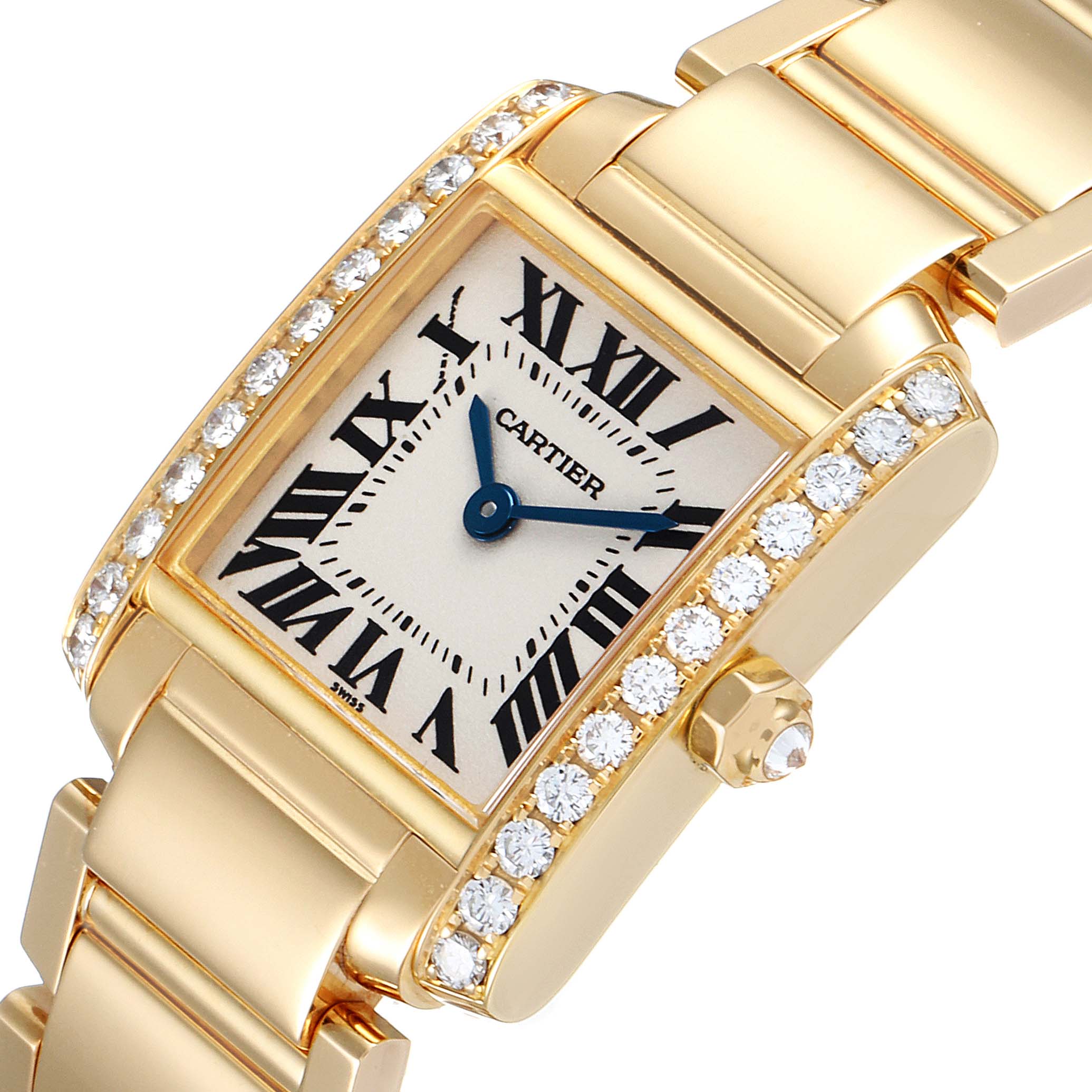 The Cartier Tank Francaise WE1001R8 Women
s Yellow Gold Silver Dial WE1001R8 Women
s Yellow Gold Silver Dial watch is shown at an angled close-up, highlighting its face, bezel, and part of the bracelet.