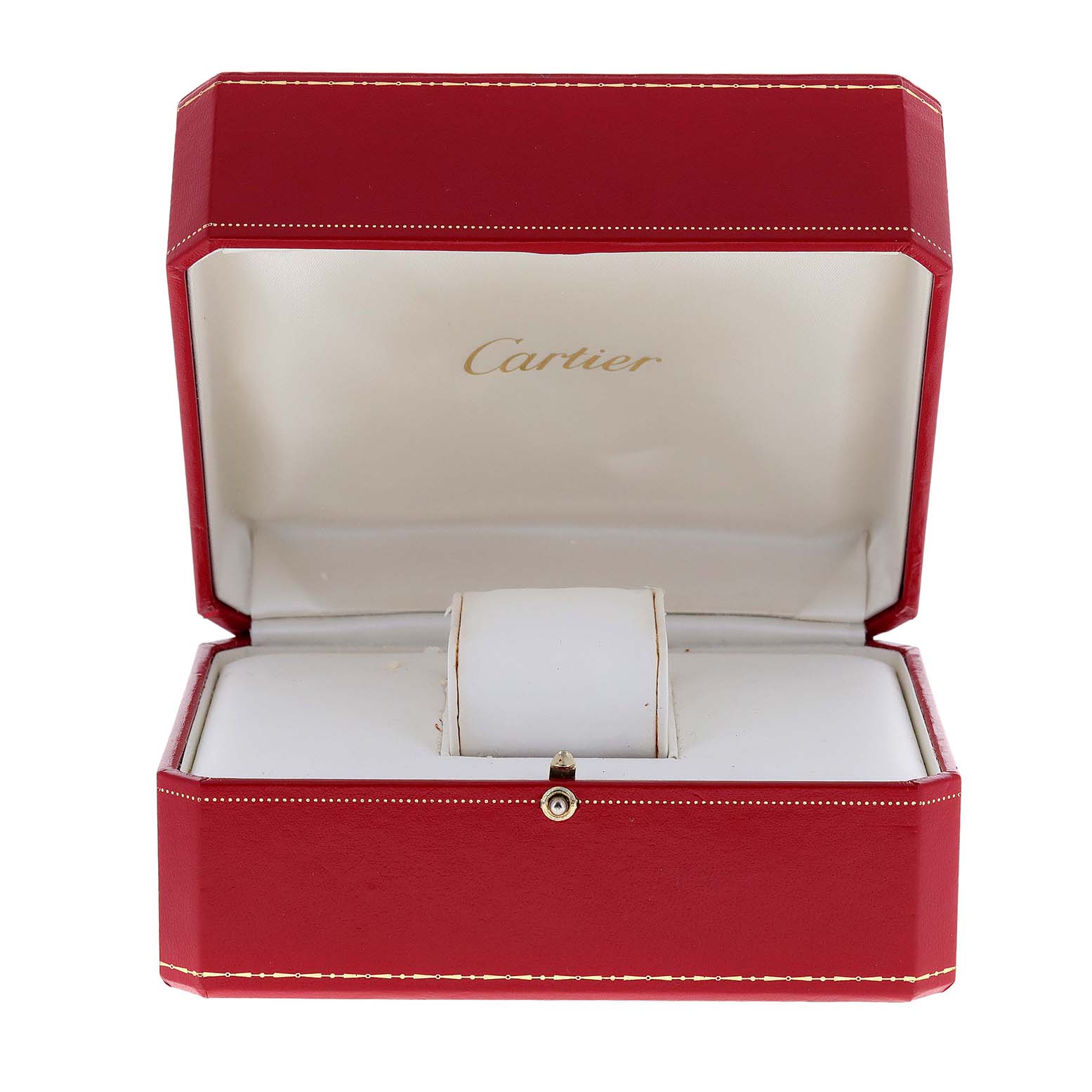 A Cartier Tank Francaise WE1001R8 Women
s Yellow Gold Silver Dial WE1001R8 Women
s Yellow Gold Silver Dial watch display box is shown open, highlighting the red exterior and white interior.