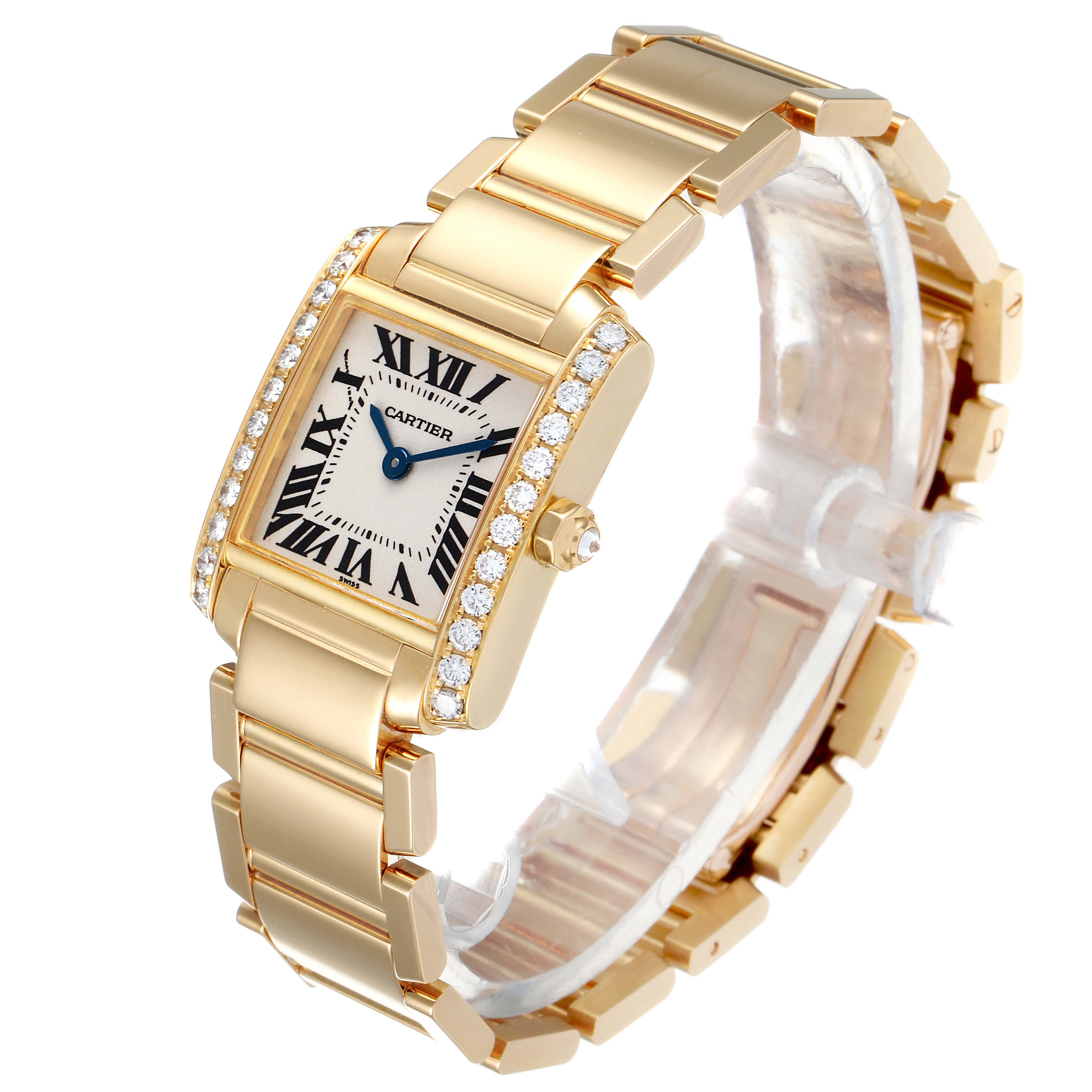 This image shows a side and front view of the Cartier Tank Française watch, featuring a gold bracelet and diamond-encrusted bezel.