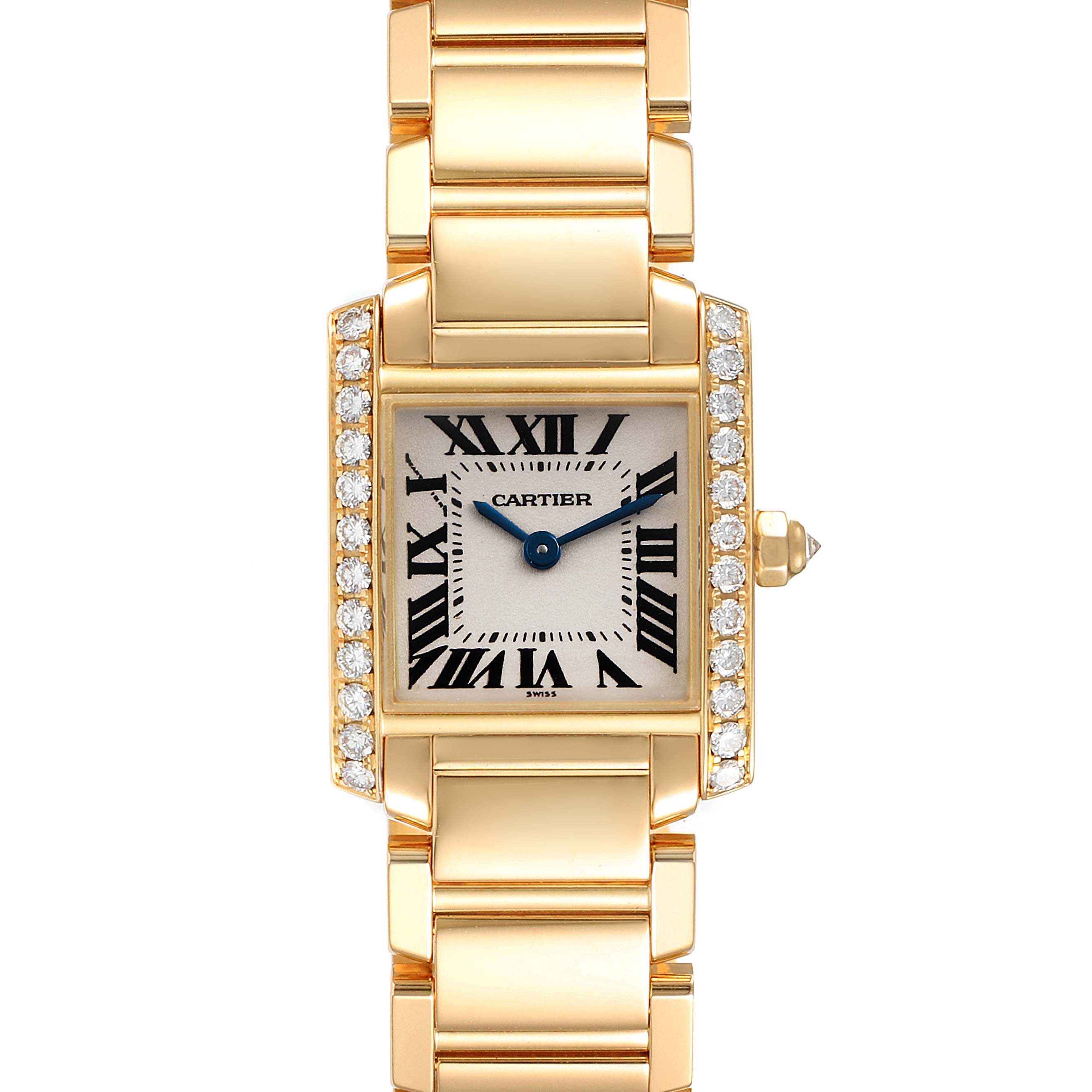 The image shows a frontal view of a gold Cartier Tank Francaise WE1001R8 Women
s Yellow Gold Silver Dial WE1001R8 Women
s Yellow Gold Silver Dial watch with a diamond bezel and Roman numeral dial.