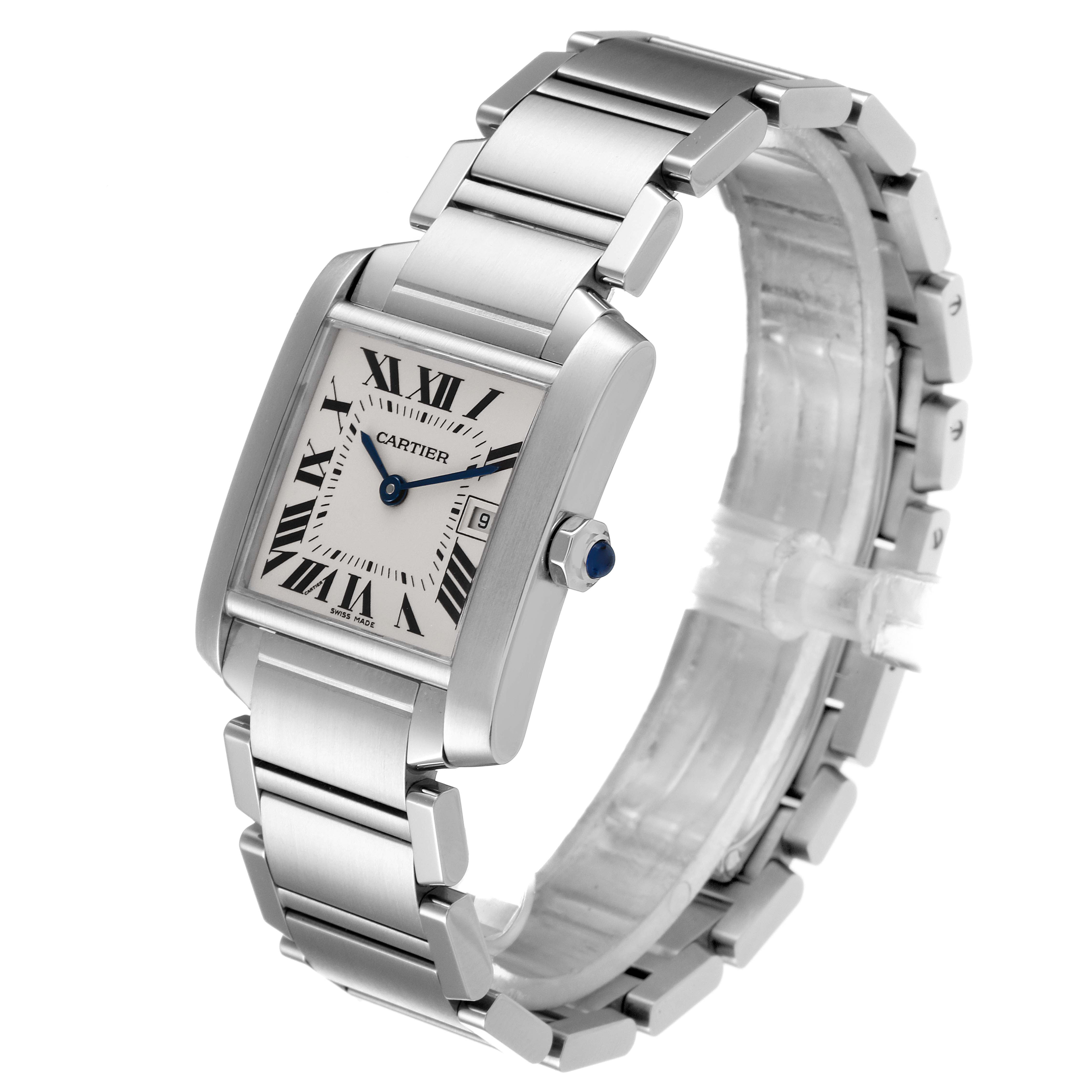 The Cartier Tank Francaise W51011Q3 Women
s Stainless Steel Silver Dial W51011Q3 Women
s Stainless Steel Silver Dial watch is shown at a tilted angle, displaying its bracelet, face, and crown with a blue cabochon.