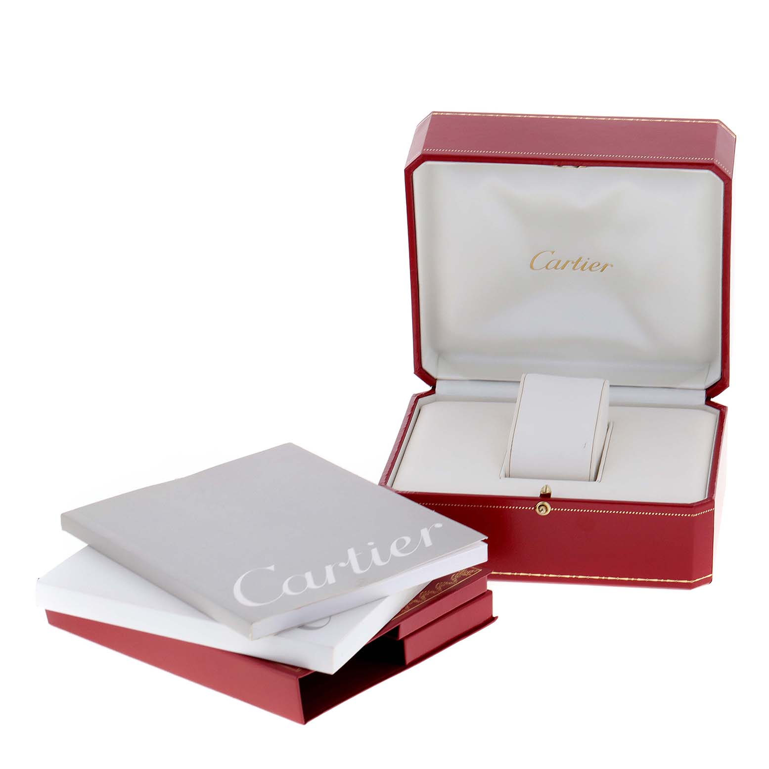 The image shows the packaging and documentation for a Cartier Tank Francaise W51011Q3 Women
s Stainless Steel Silver Dial W51011Q3 Women
s Stainless Steel Silver Dial watch, including a red box and booklets.