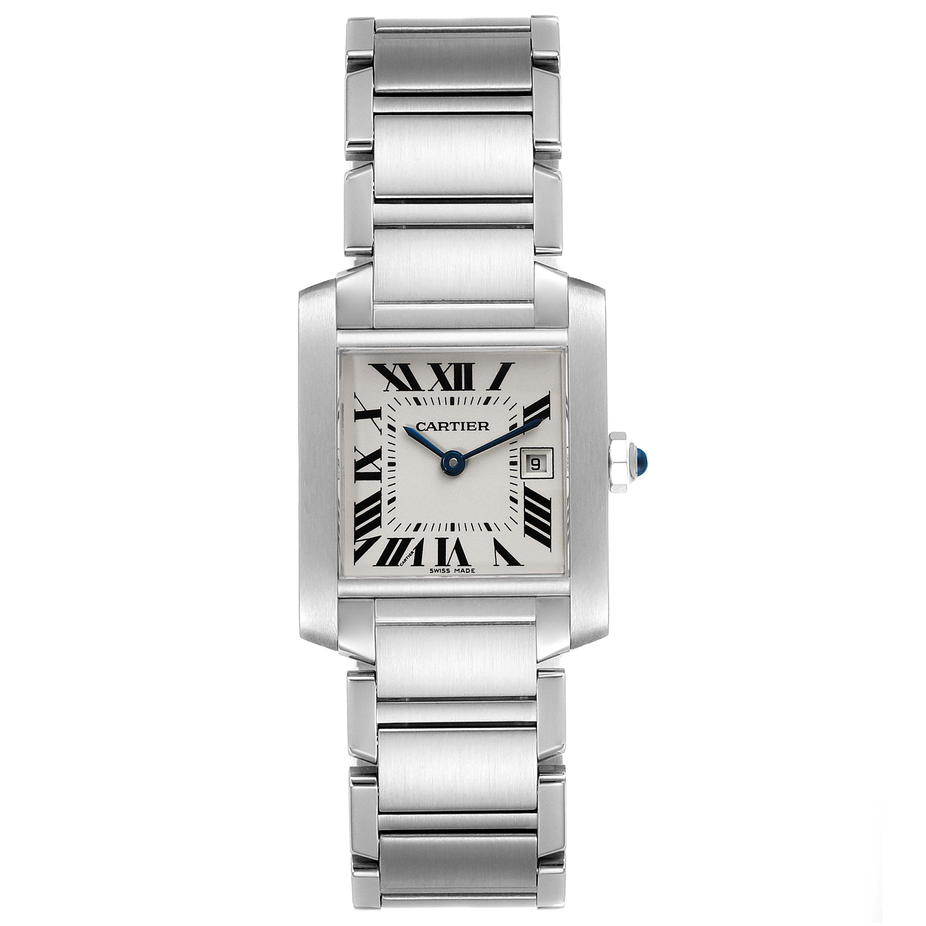 The image shows a front view of the Cartier Tank Française watch, featuring the face, bracelet, and crown.