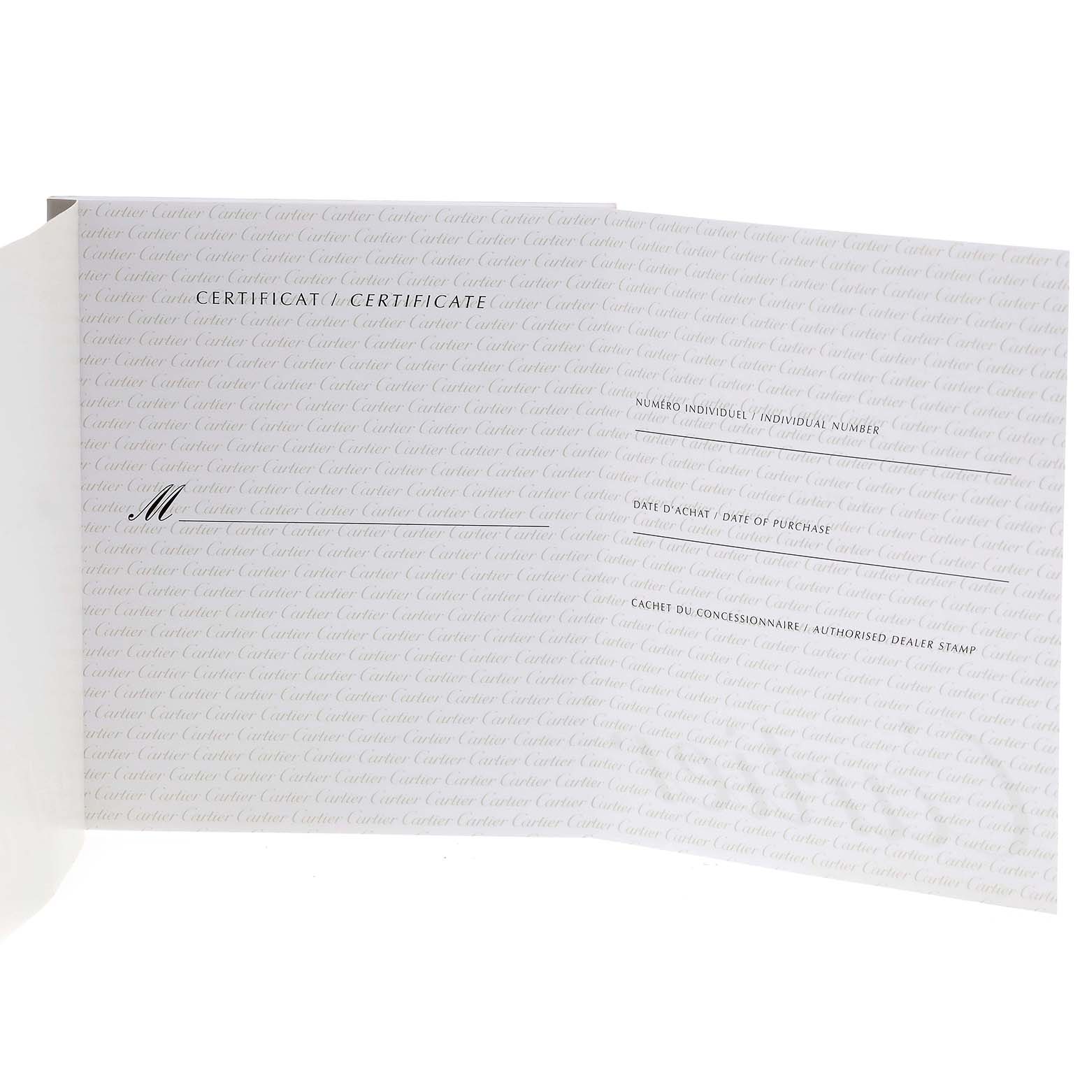 The image shows the certification card for the Cartier Tank Francaise W51011Q3 Women
s Stainless Steel Silver Dial W51011Q3 Women
s Stainless Steel Silver Dial watch, featuring the brand
s logo and spaces for purchase details.