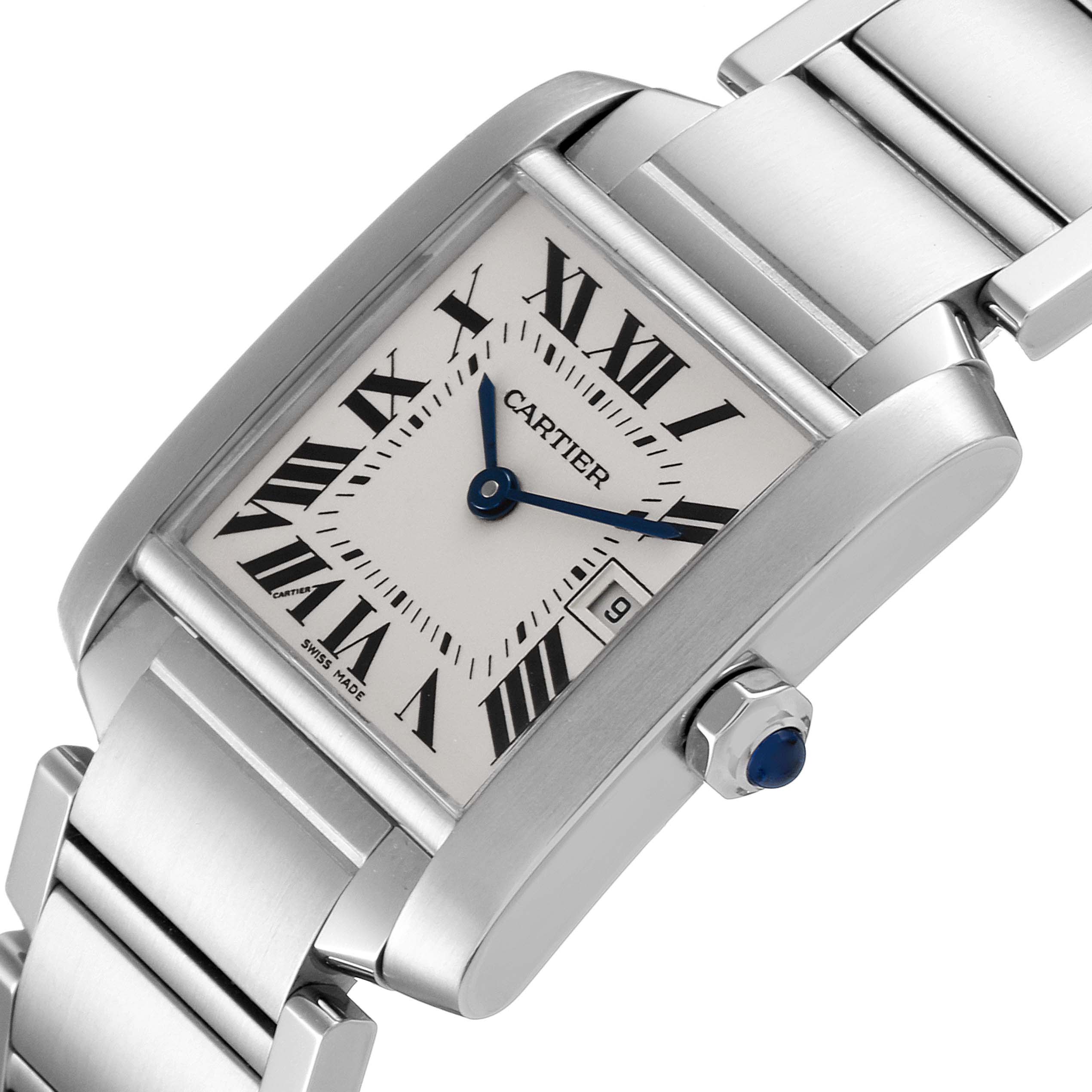 This image shows a close-up angle of the Tank Francaise watch by Cartier, displaying the dial, date window, crown, and part of the stainless steel bracelet.