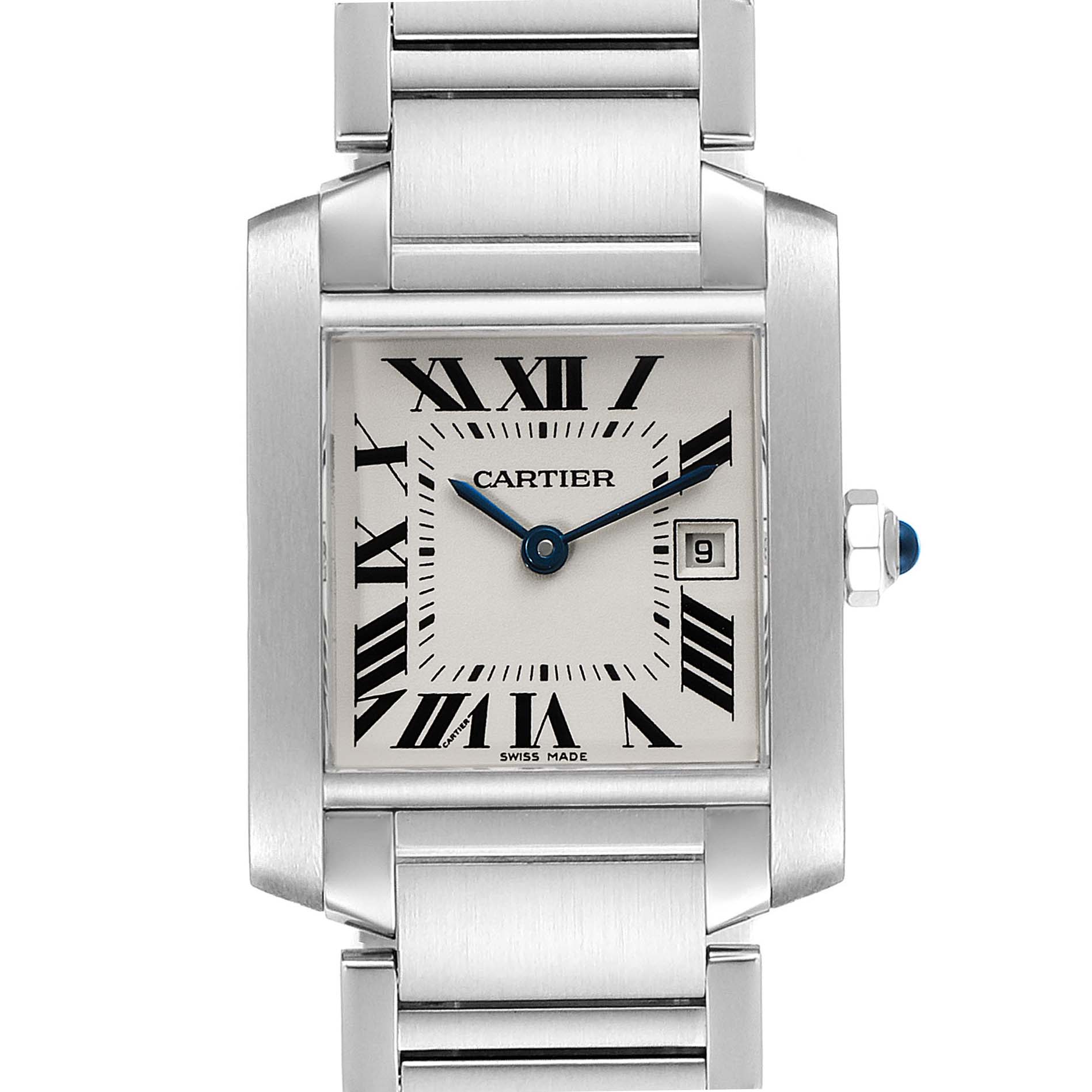 This image shows a frontal view of the Cartier Tank Française watch, featuring a rectangular dial with Roman numerals and a metal bracelet.