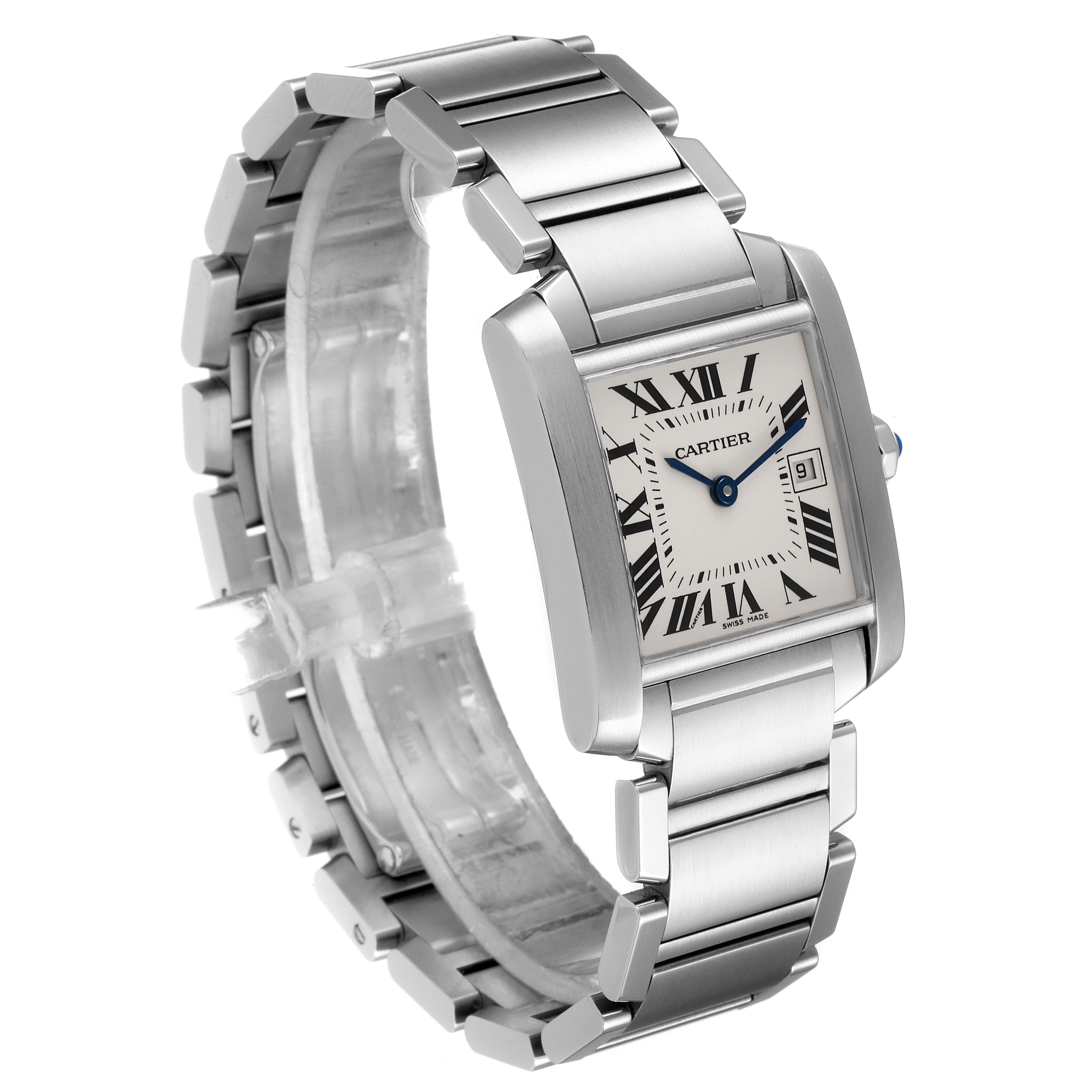 The image shows a Cartier Tank Francaise W51011Q3 Women
s Stainless Steel Silver Dial W51011Q3 Women
s Stainless Steel Silver Dial watch from a three-quarter angle, highlighting its face and bracelet.
