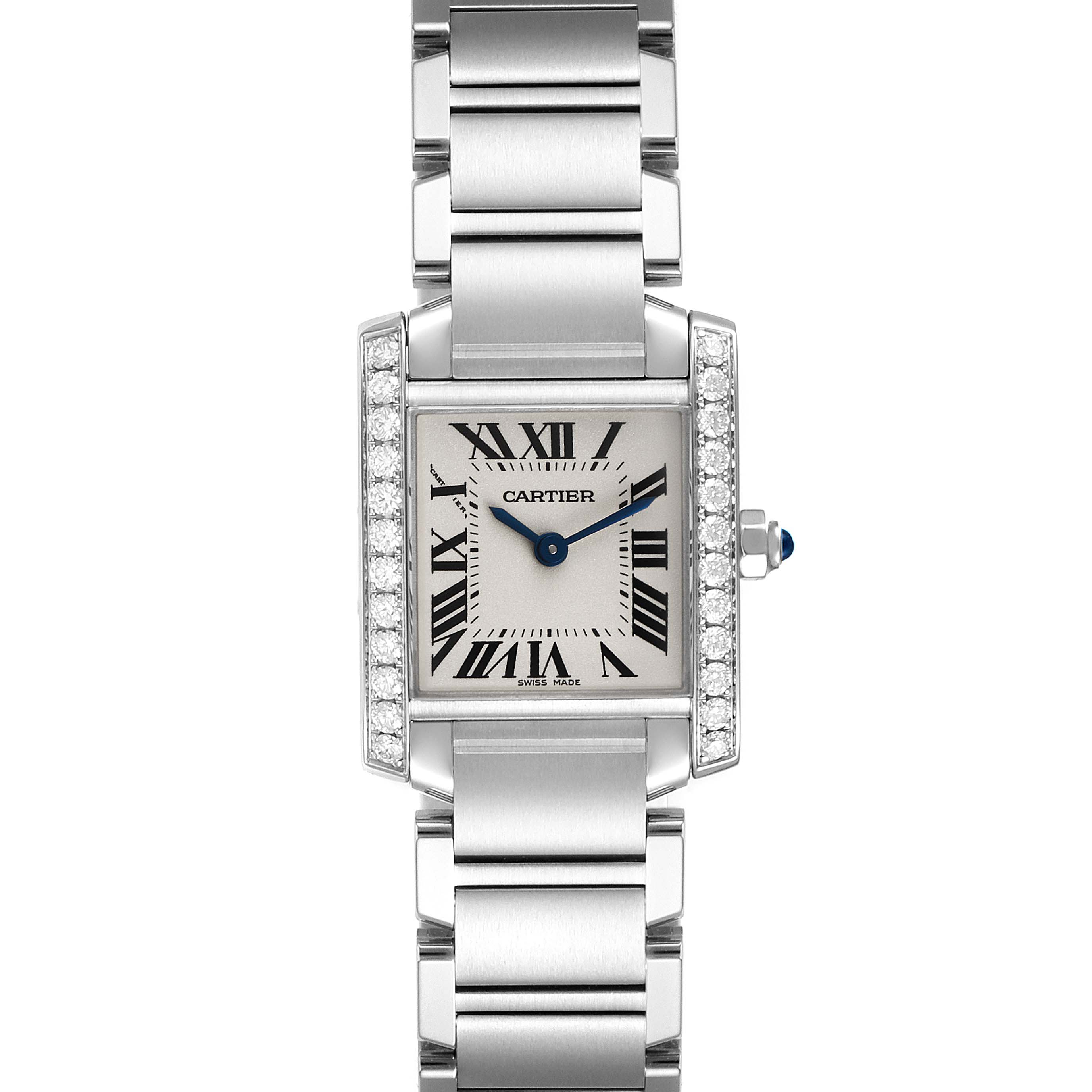 This image shows a frontal view of the Cartier Tank Francaise W4TA0008 Women
s Stainless Steel Silver Dial W4TA0008 Women
s Stainless Steel Silver Dial watch, highlighting the face, bracelet, and side detailing.