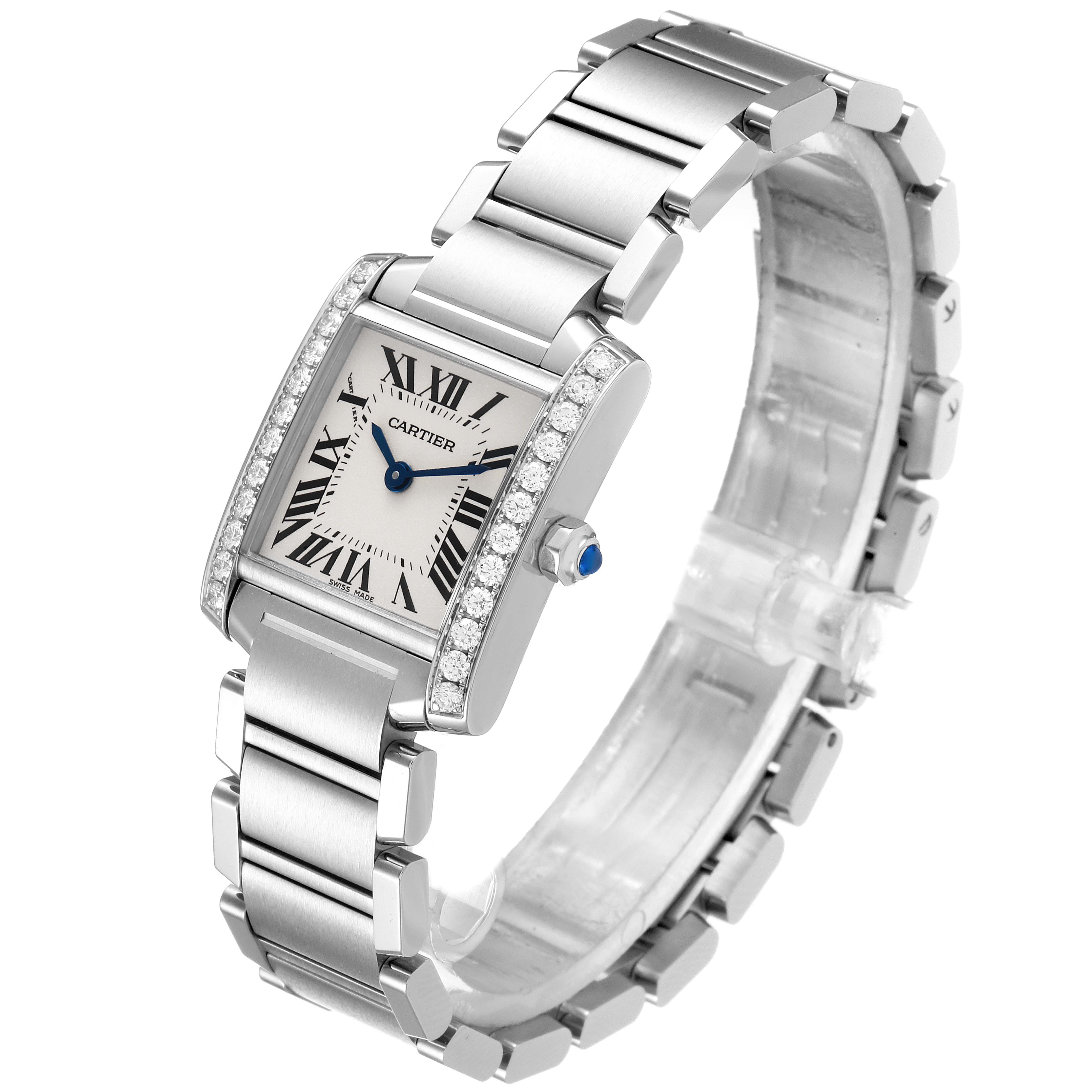The image shows a side angled view of the Cartier Tank Française watch, highlighting the bracelet, face, and bezel with diamond accents.