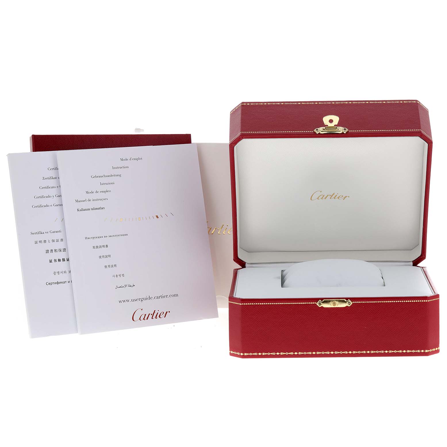 The image shows the open red Cartier box for the Tank Francaise model, along with booklets and documents next to it.