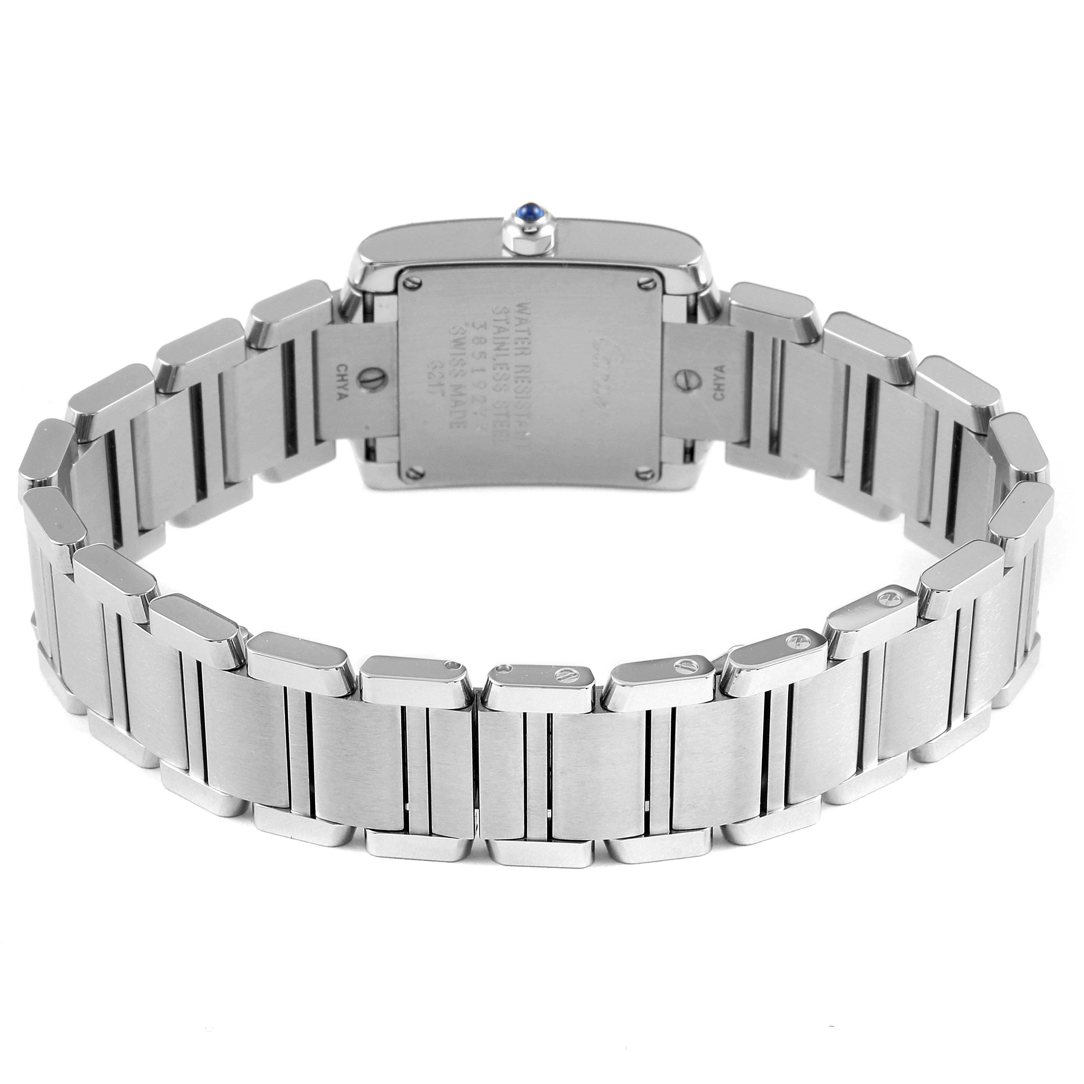 The image shows the back view of a Cartier Tank Francaise W4TA0008 Women
s Stainless Steel Silver Dial W4TA0008 Women
s Stainless Steel Silver Dial watch, highlighting its stainless steel bracelet and case back.