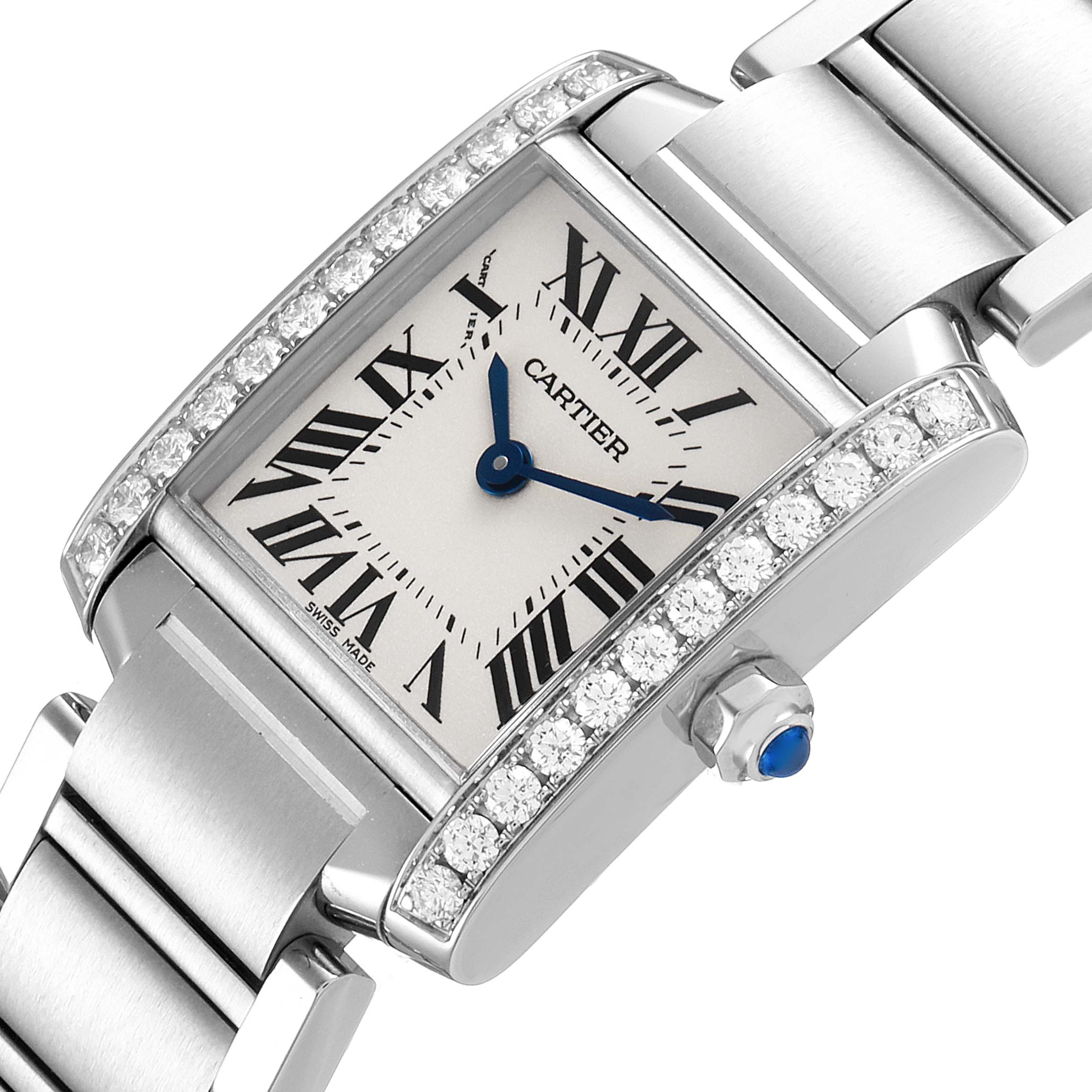 The Cartier Tank Francaise W4TA0008 Women
s Stainless Steel Silver Dial W4TA0008 Women
s Stainless Steel Silver Dial watch is shown from an angled close-up, highlighting the face, bezel, crown, and part of the bracelet.