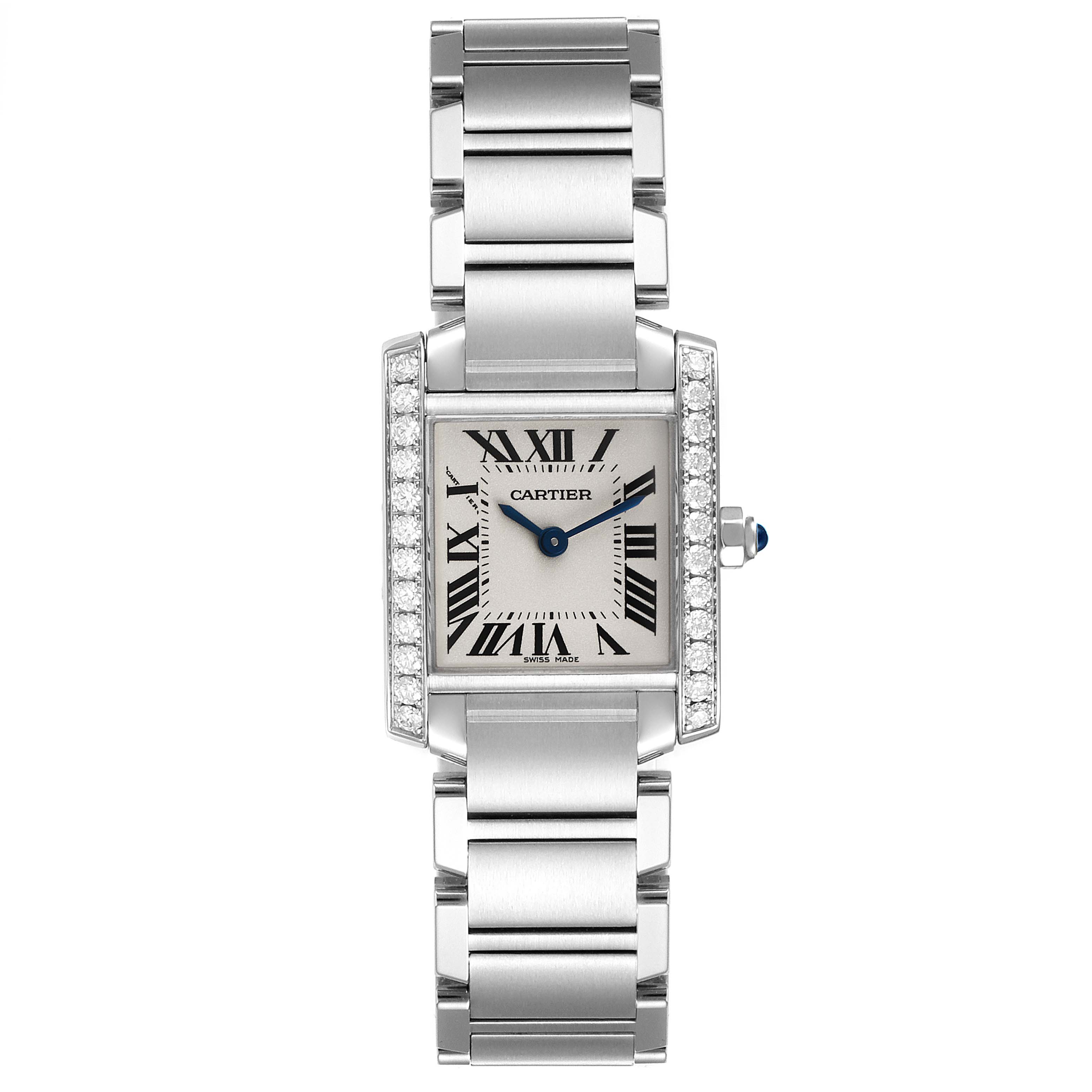 The Cartier Tank Francaise W4TA0008 Women
s Stainless Steel Silver Dial W4TA0008 Women
s Stainless Steel Silver Dial watch is shown from a top-down angle, displaying its face, bracelet, and crown.